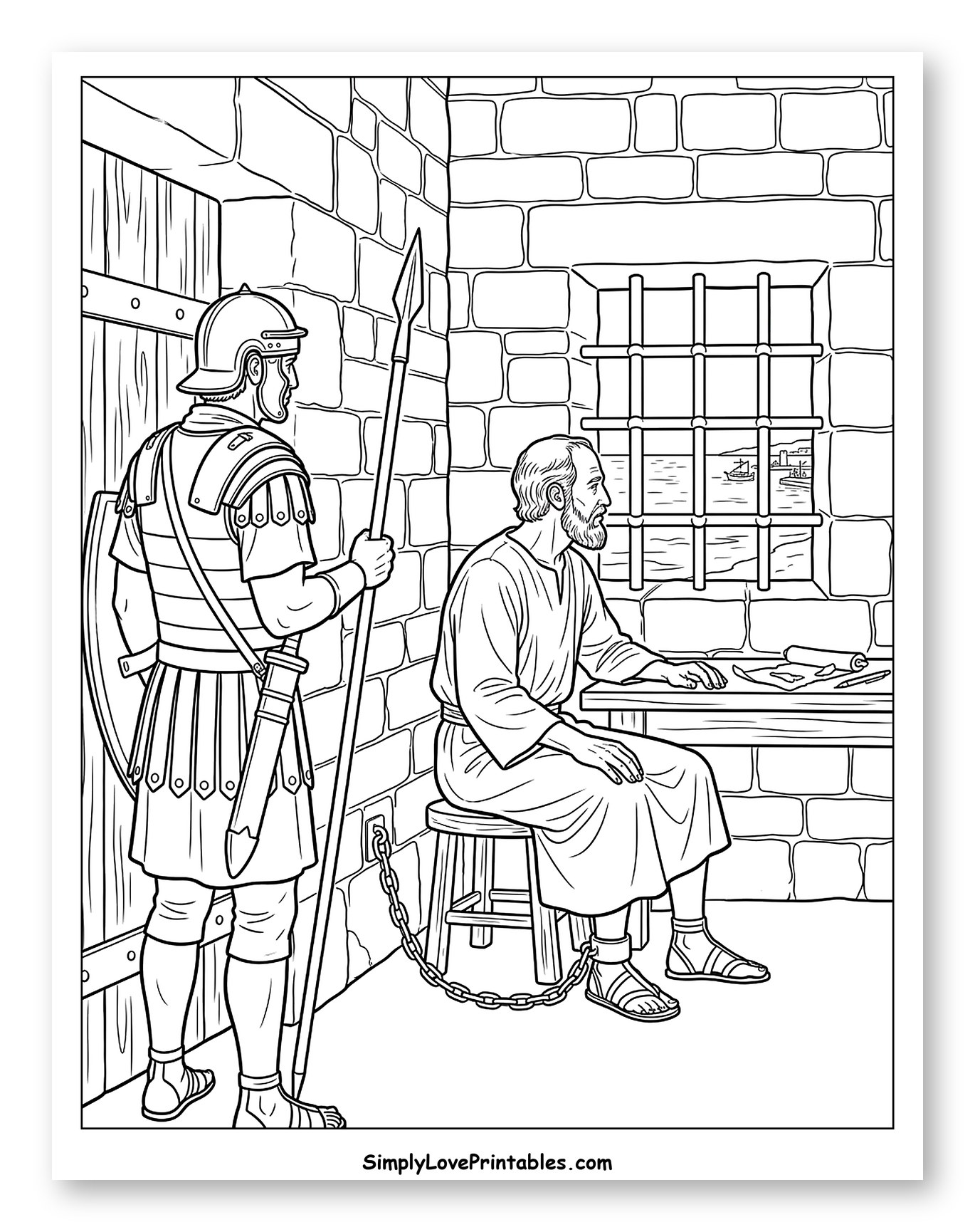 Roman Soldier Guarding Prisoner in Jail Cell Coloring Page