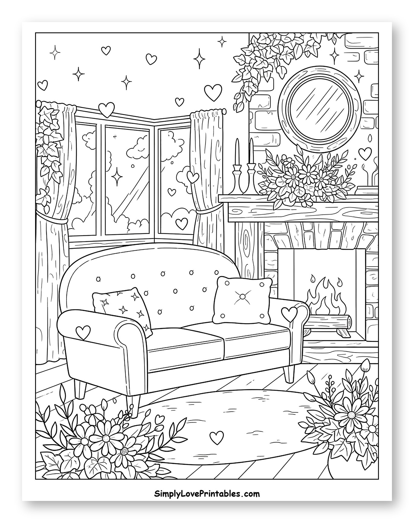 Romantic Living Room with Sofa and Fireplace Coloring Sheet for Adults
