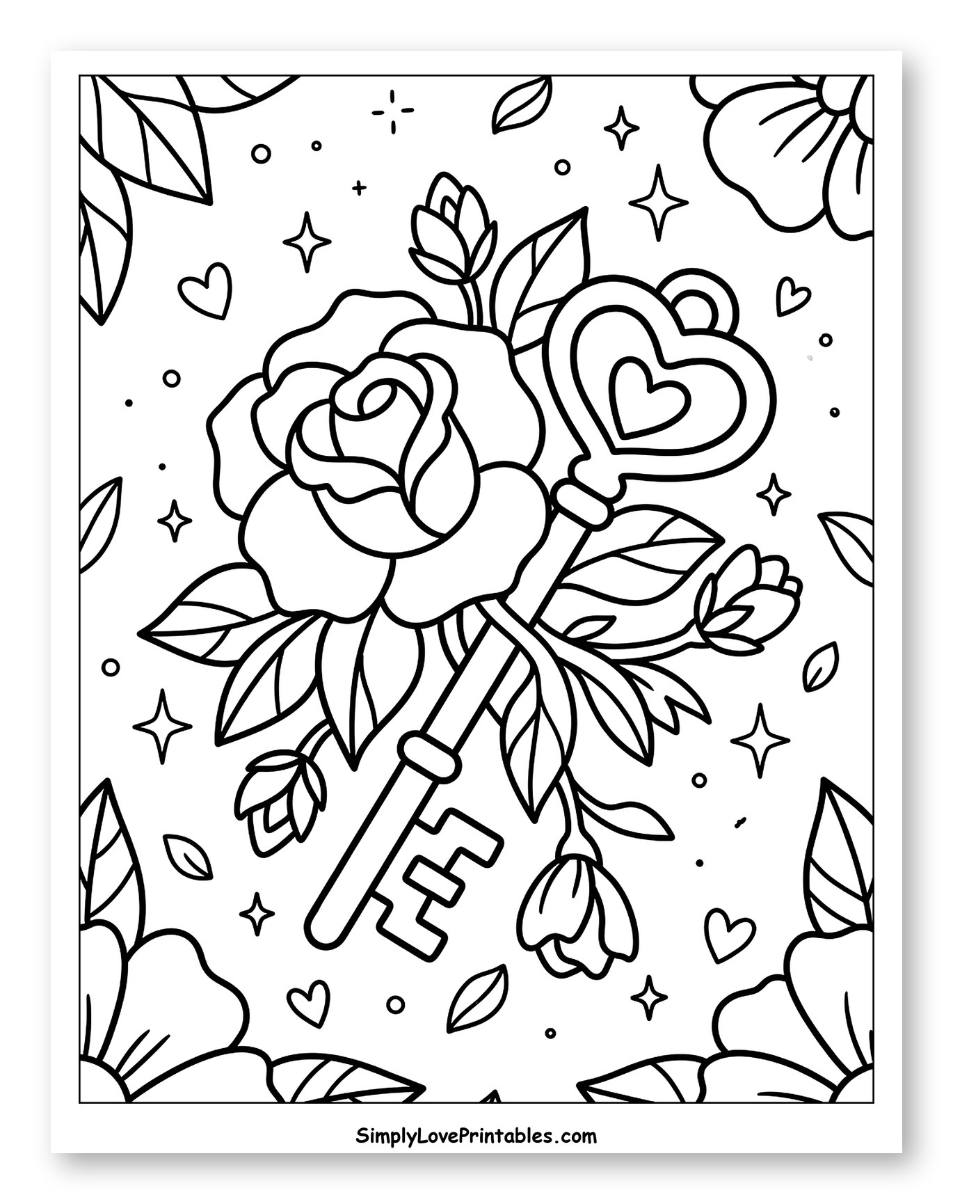Romantic Rose and Heart Key Coloring Sheet for Adults