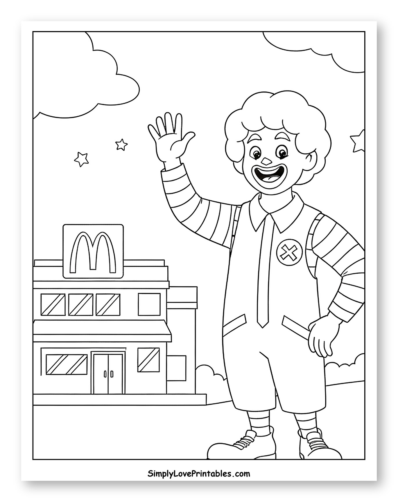 Ronald McDonald Waving Outside McDonald's Restaurant Coloring Page for Kids
