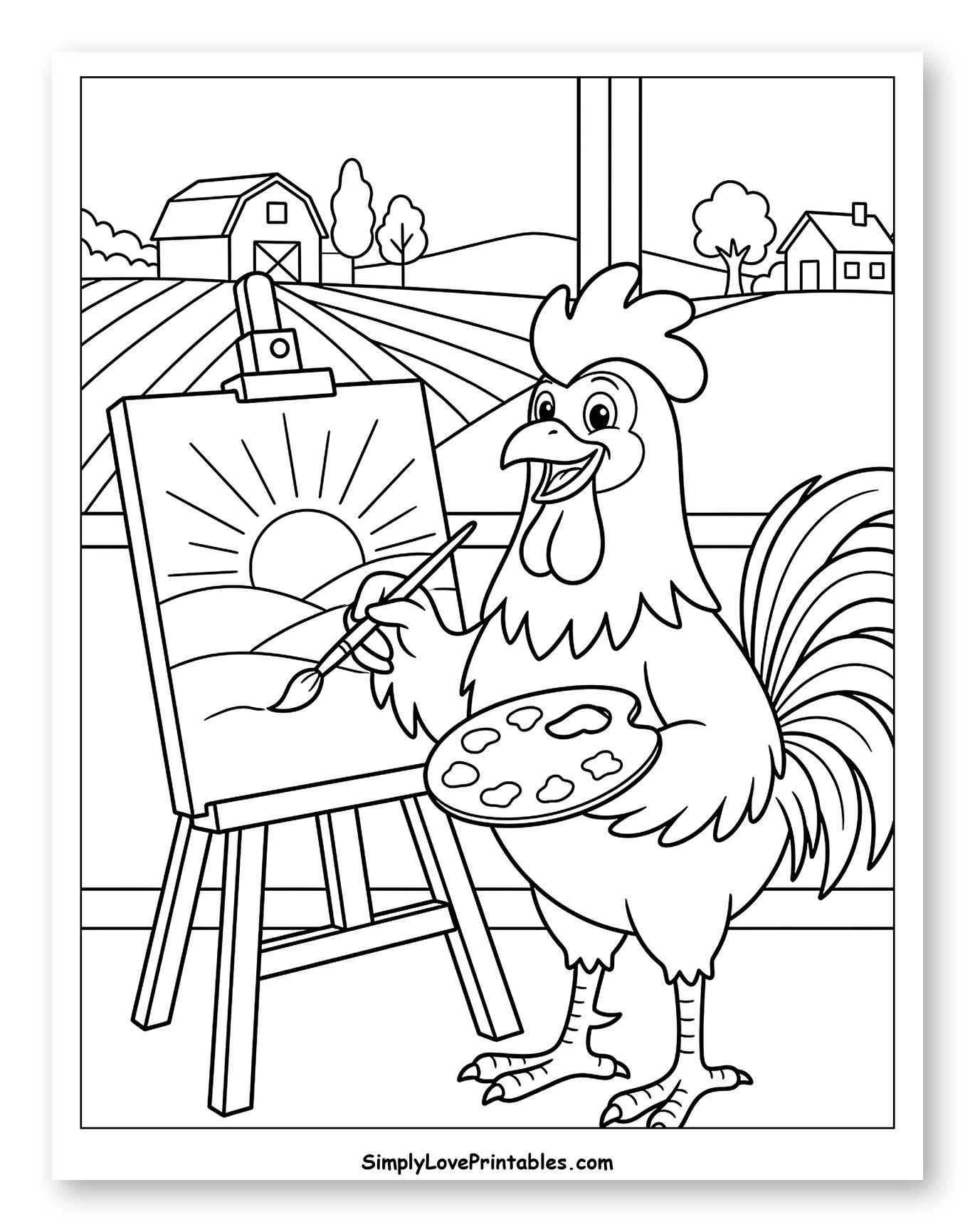 Rooster Artist Painting a Sunrise to Color for Kids