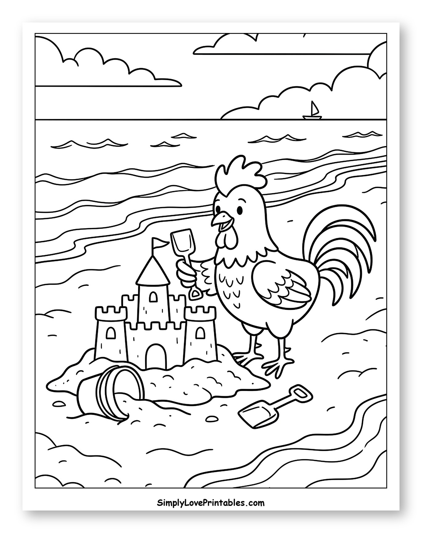 Rooster Building a Sandcastle at the Beach Coloring Page for Kids
