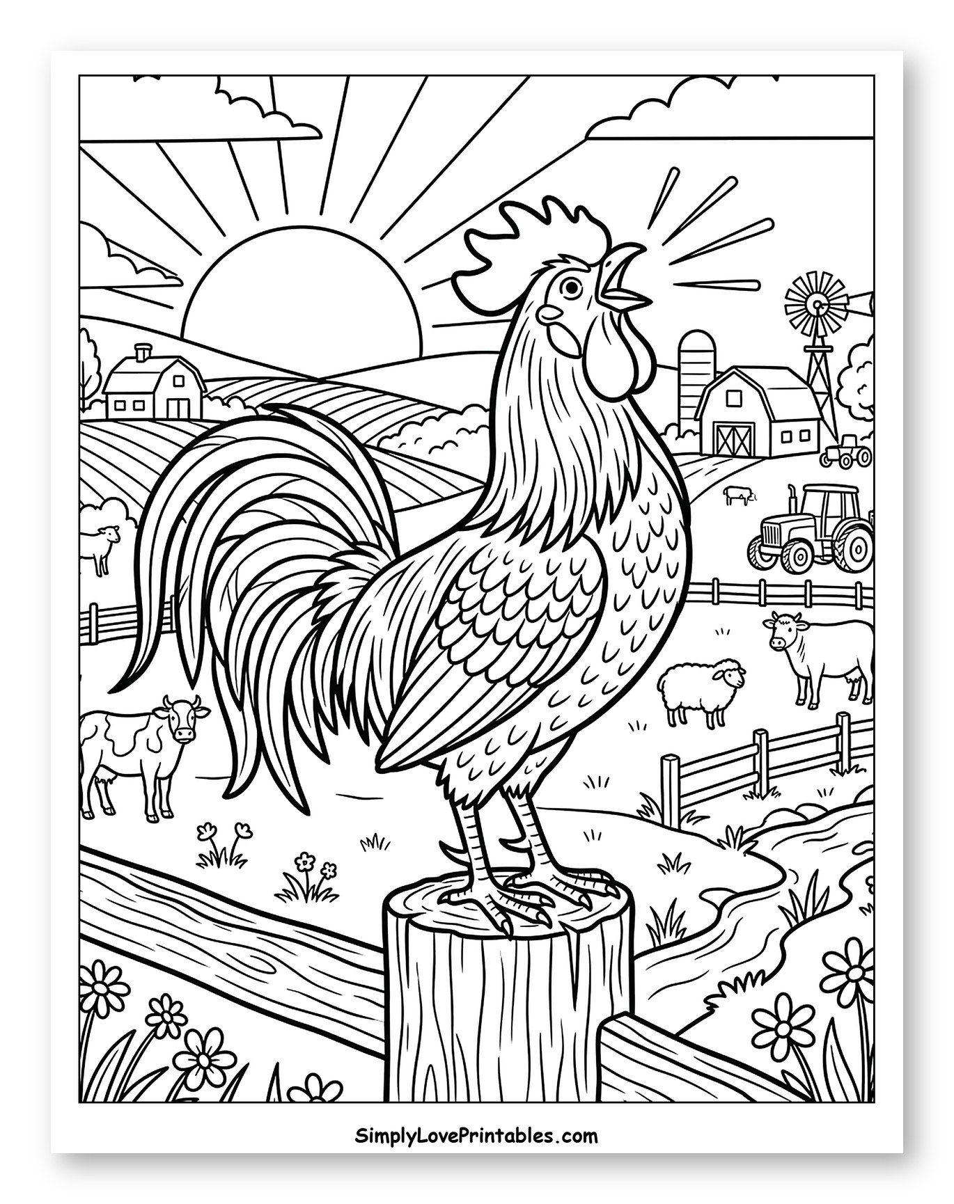 Rooster Crowing on Farm at Sunrise to Color for Kids