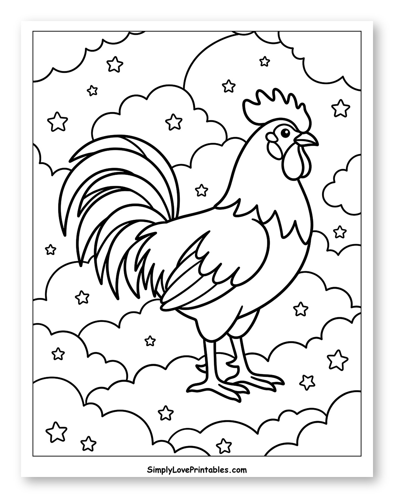 Rooster in the Clouds with Stars Coloring Page for Adults