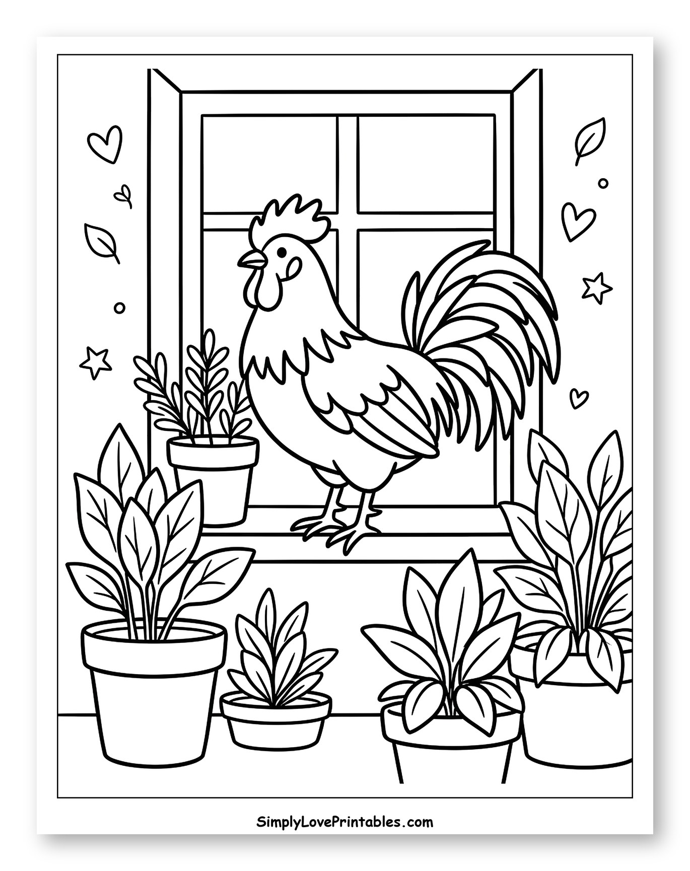 Rooster in Window with Many Potted Plants to Color for Adults