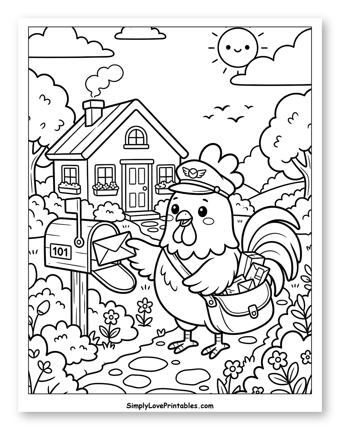 Rooster Mail Carrier Delivering Mail to Color for Kids