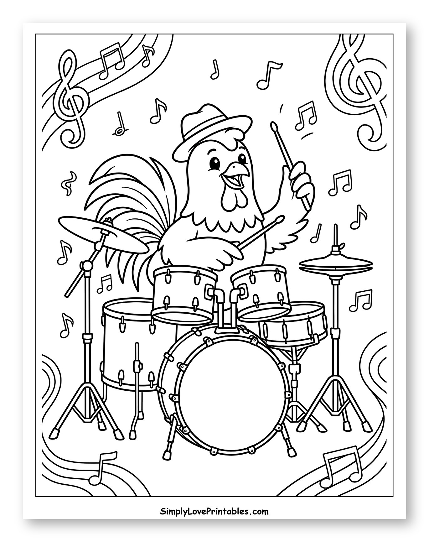 Rooster Playing Drums with Musical Notes Coloring Sheet for Kids