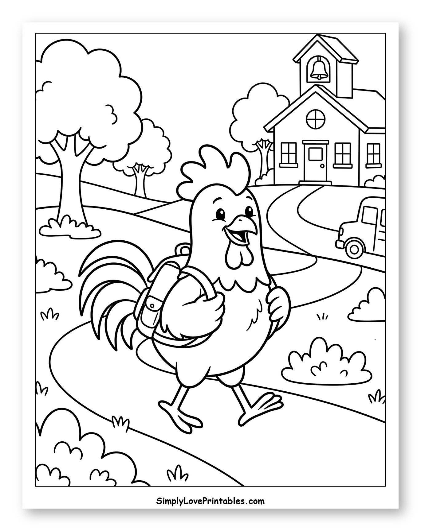 Rooster Walking to School with Backpack Coloring Sheet for Kids