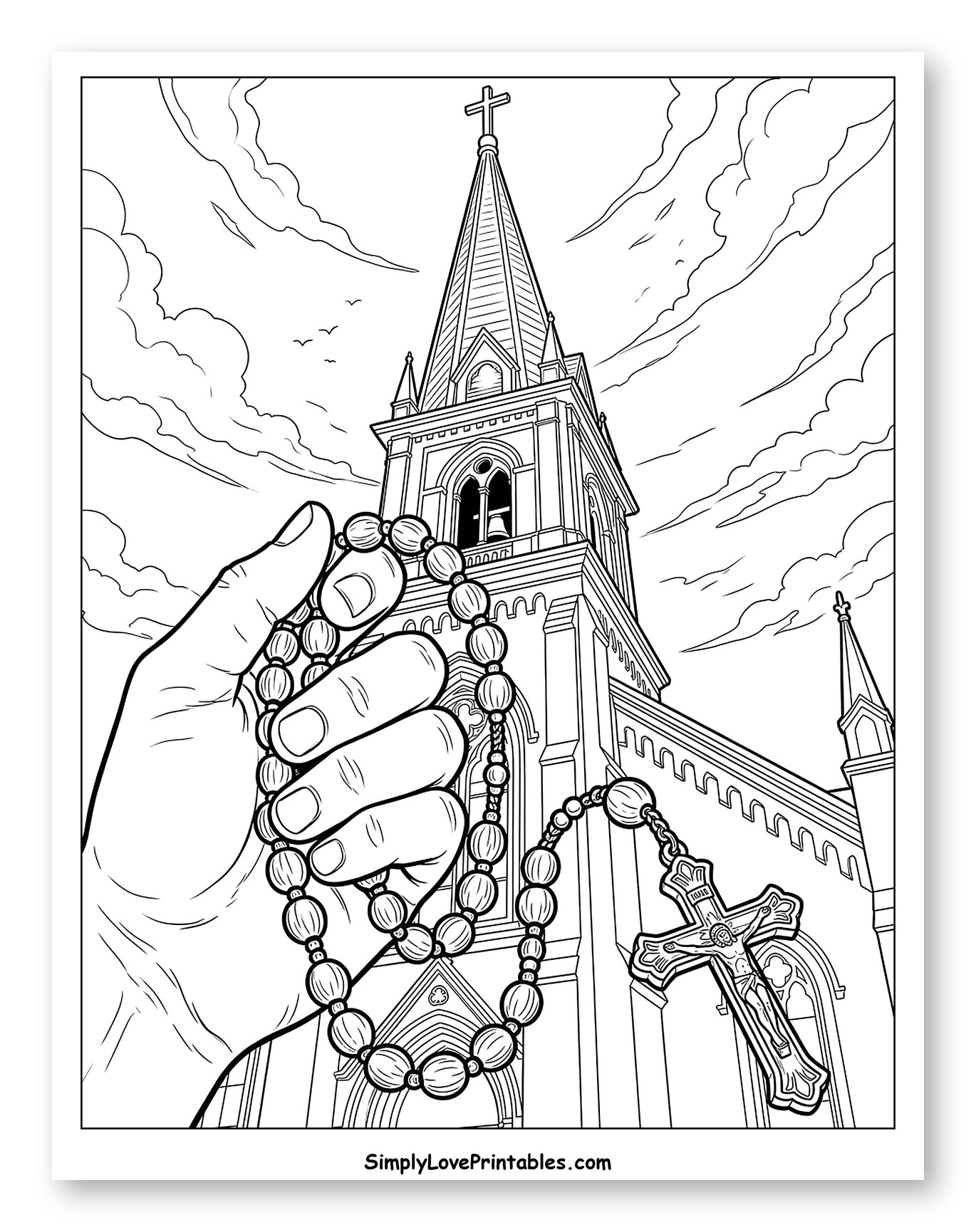 Rosary in Hand Before a Grand Church