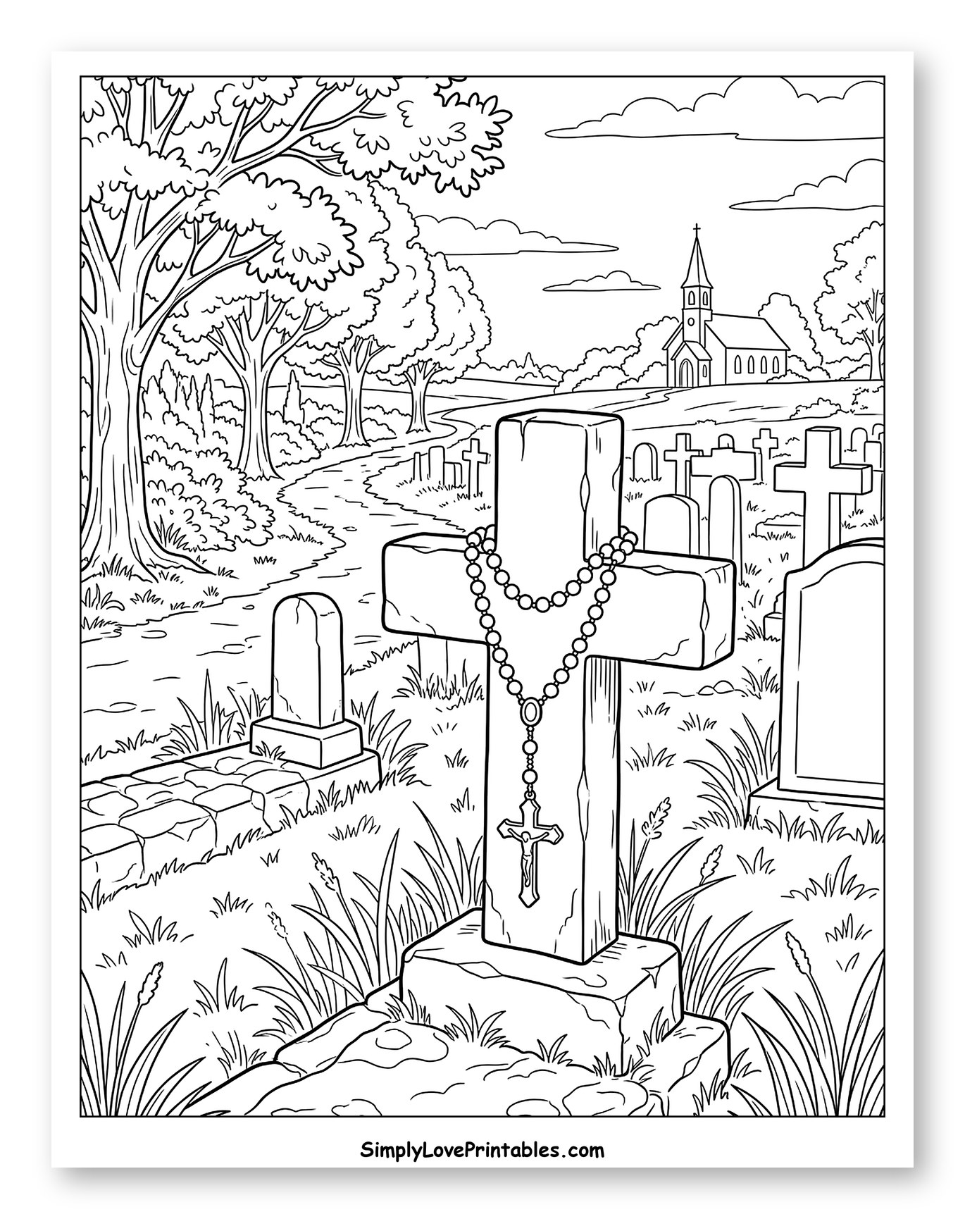 Rosary on a Cross in a Graveyard to Color