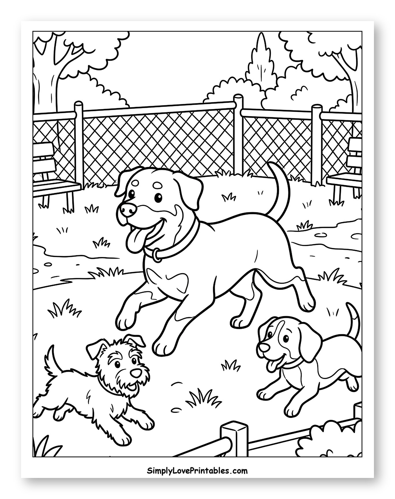 Rottweiler and Pups Playing in Park Coloring Page for Kids