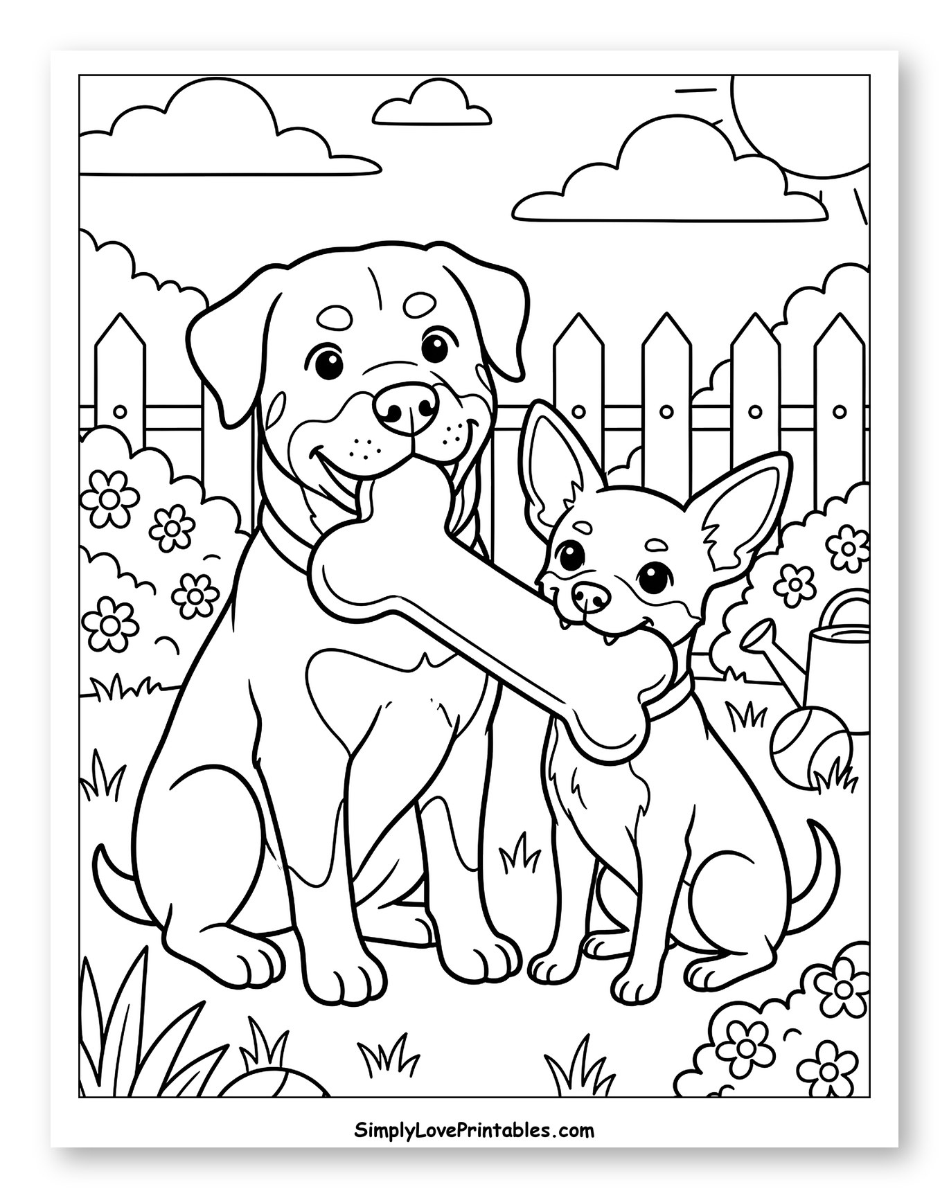 Rottweiler and Small Dog Sharing Bone Coloring Sheet for Kids