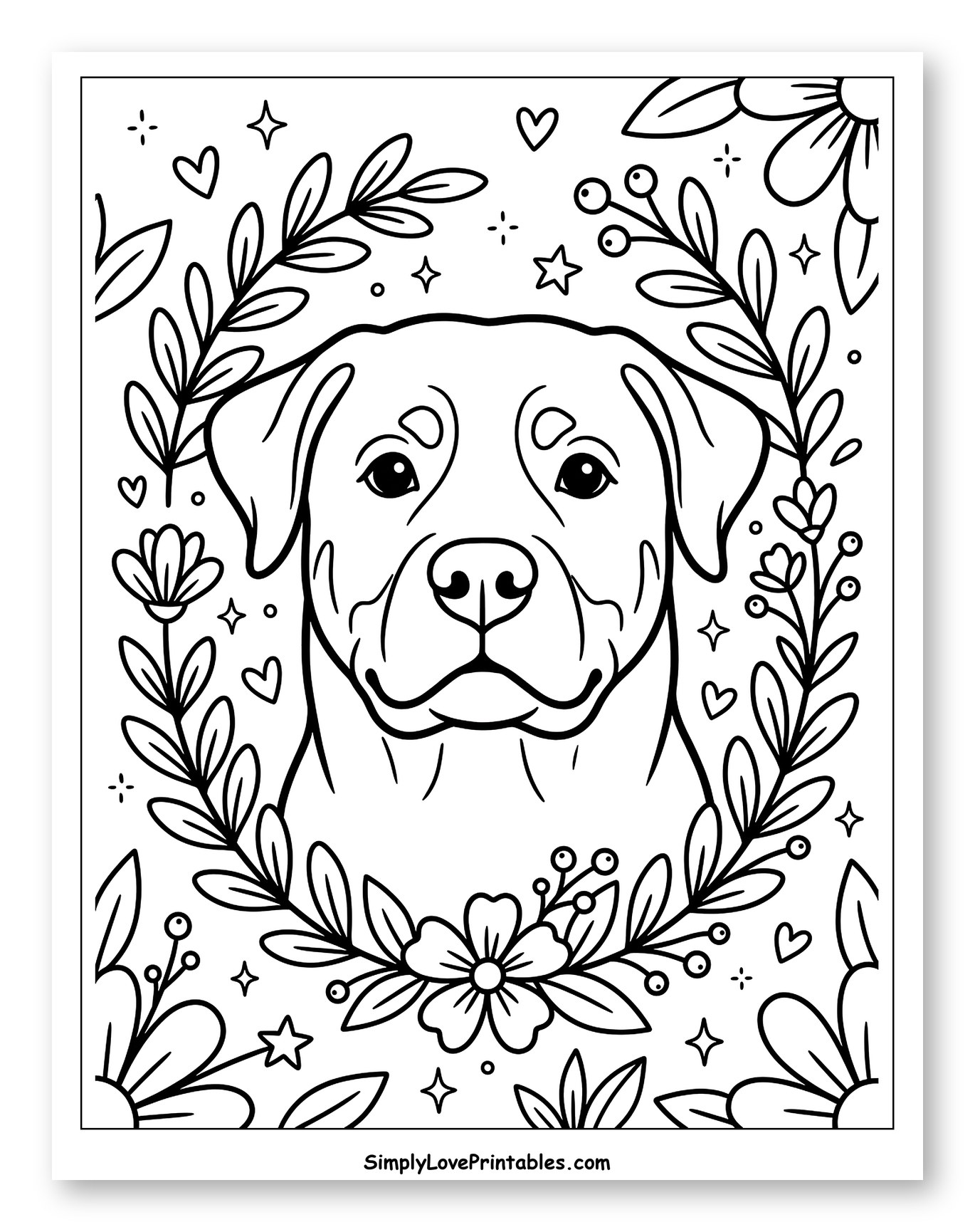 Rottweiler Head in Floral Wreath Coloring Page for Adults