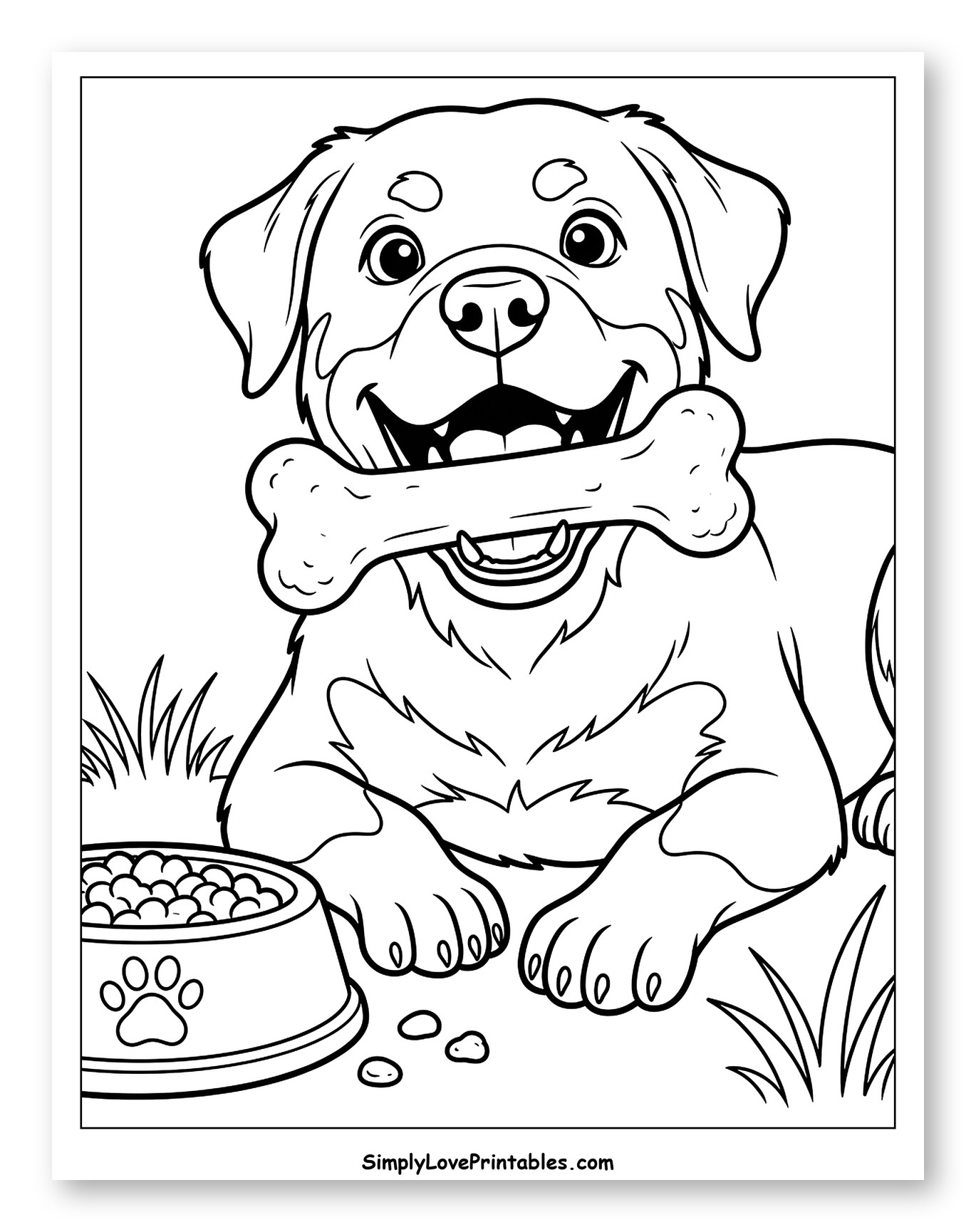 Rottweiler Puppy with Bone and Food Bowl Coloring Page for Kids