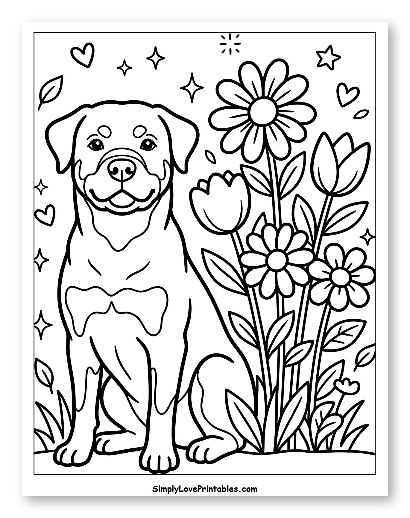 Rottweiler Puppy with Flowers, Hearts, and Stars Coloring Sheet for Adults