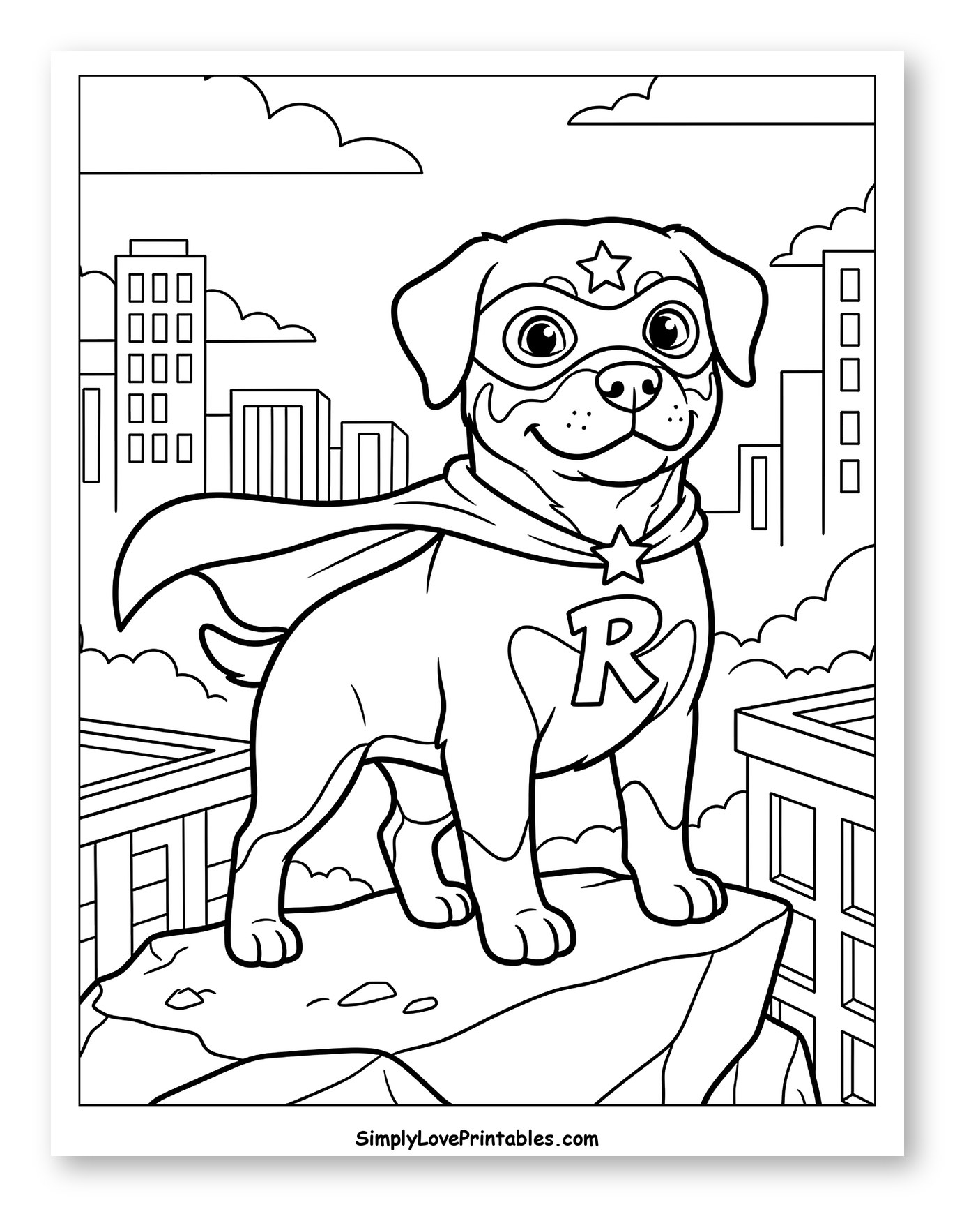 Rottweiler Superhero Standing Proudly in City Coloring Sheet for Kids