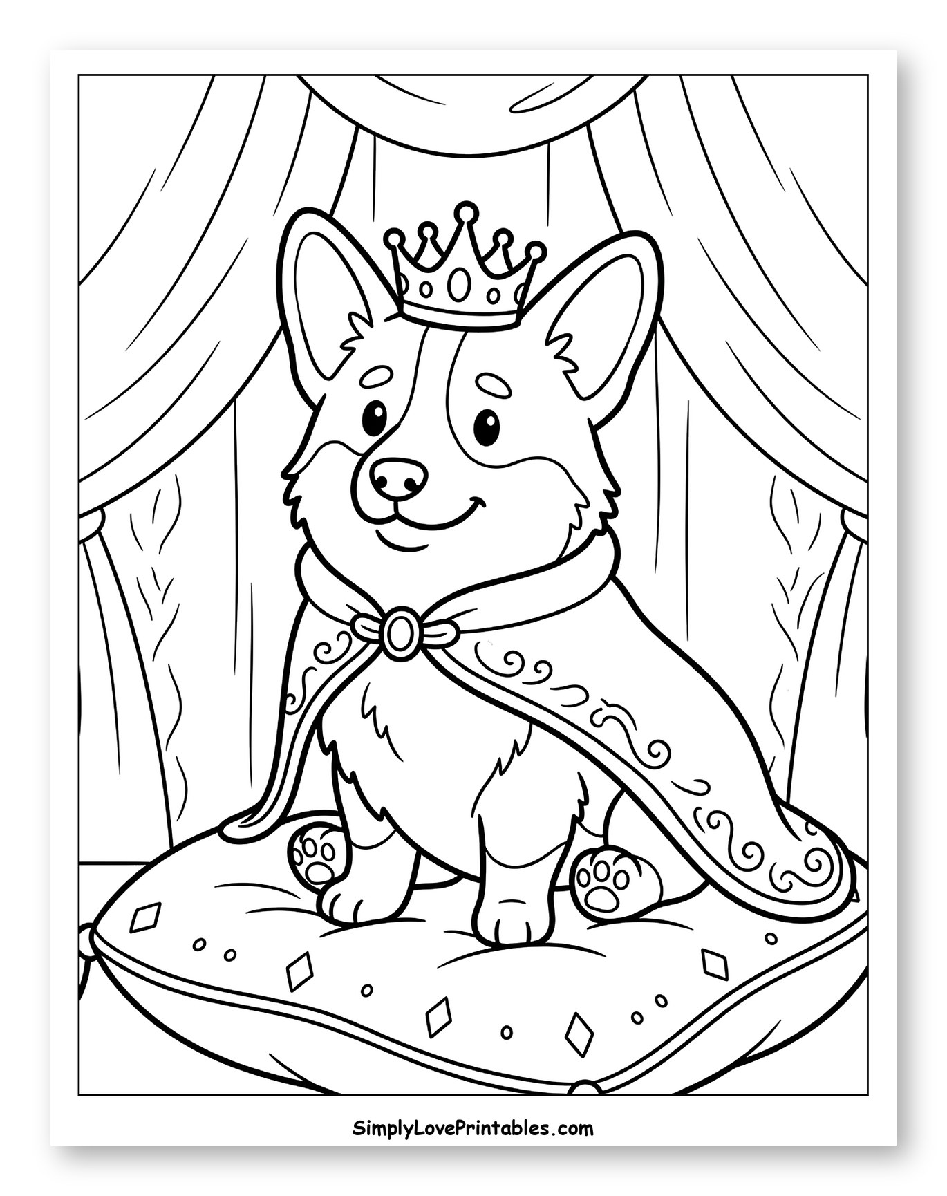 Royal Corgi Wearing a Crown and Cape Coloring Sheet for Kids
