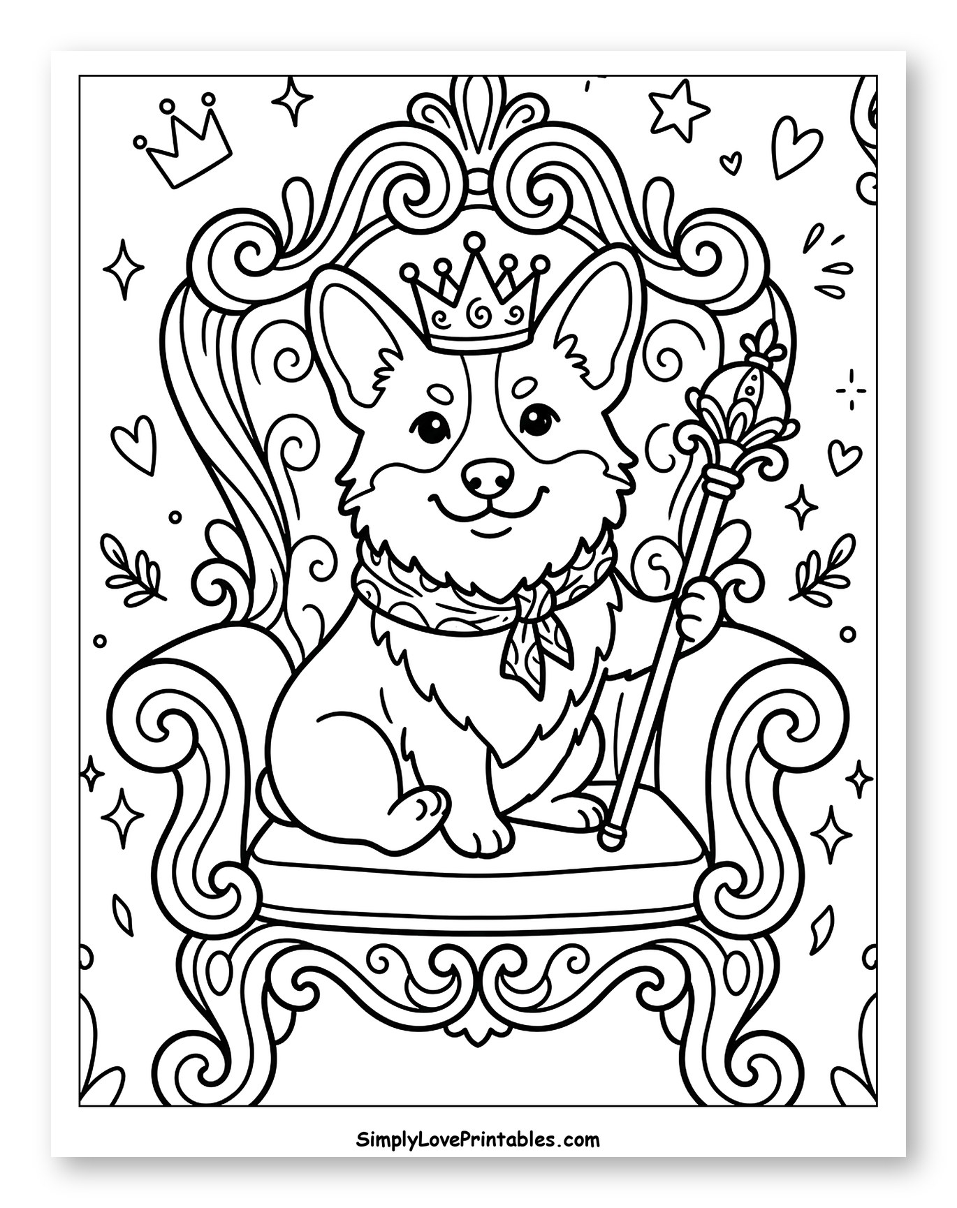 Royal Corgi with Crown and Scepter to Color for Adults