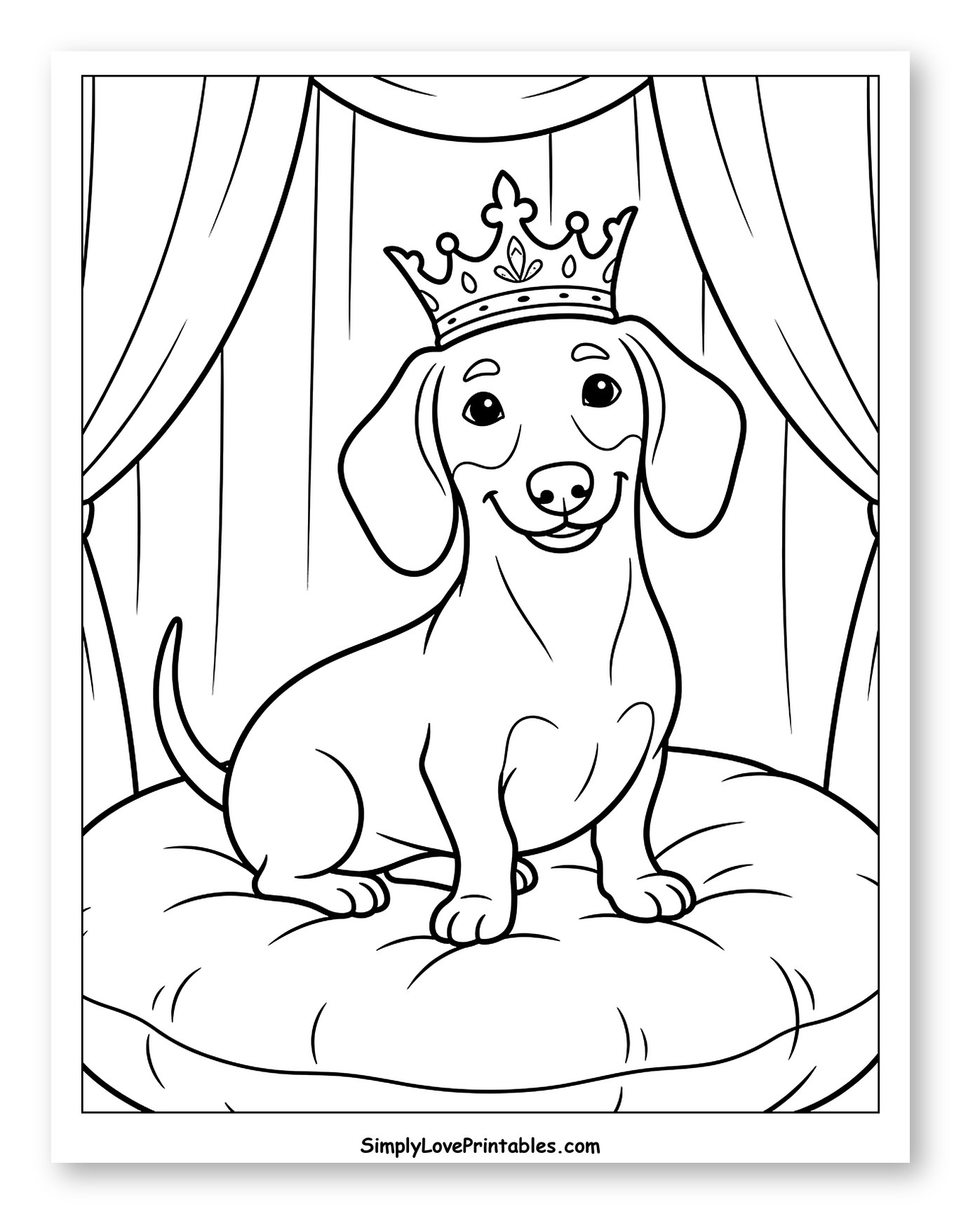 Royal Dachshund Wearing a Crown on a Pillow Coloring Sheet for Kids