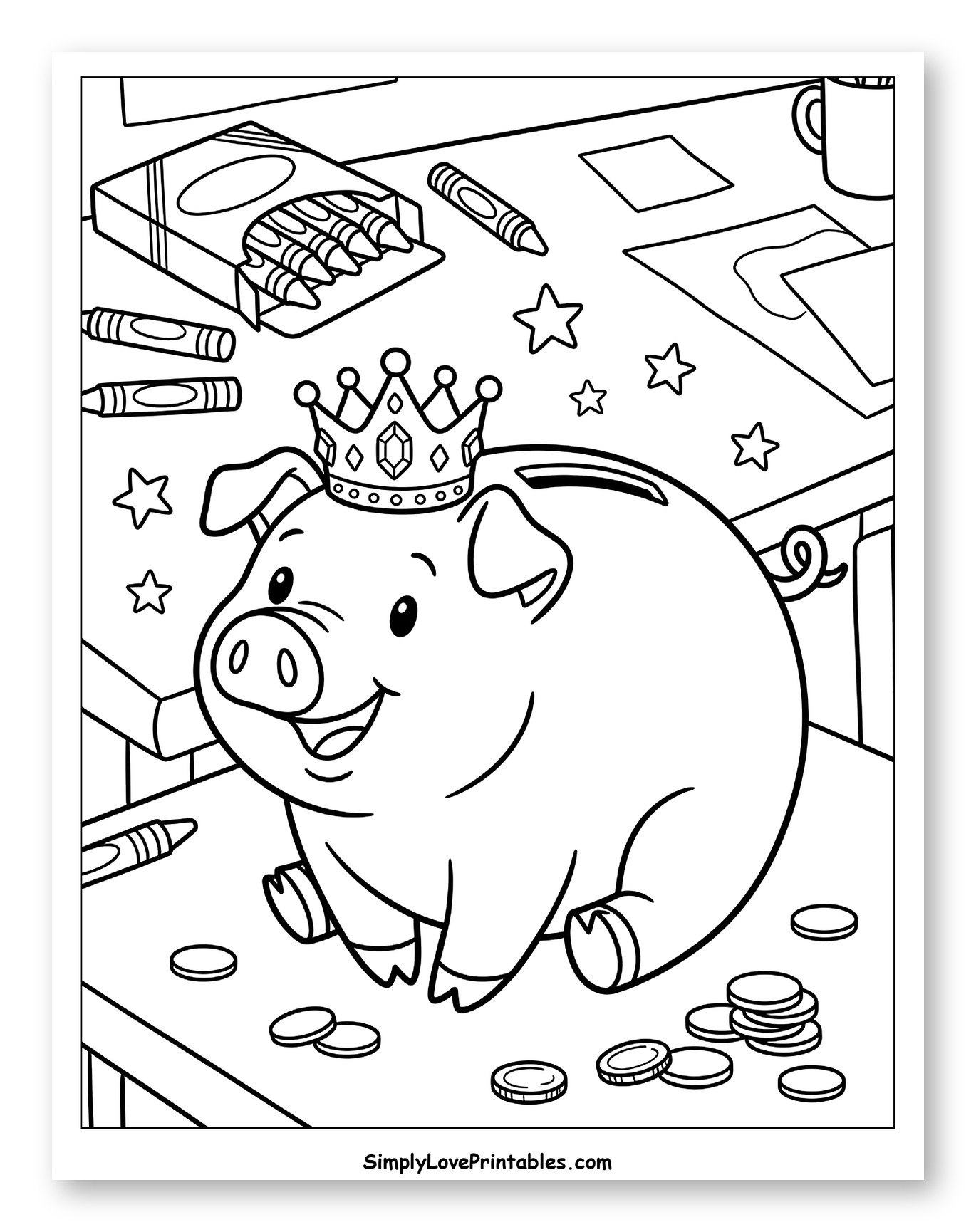 Royal Piggy Bank with Crayons and Coins to Color for Kids
