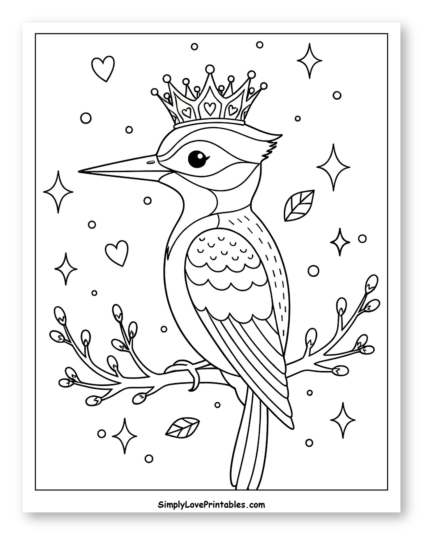 Royal Woodpecker Perched on a Budding Branch Coloring Sheet for Adults