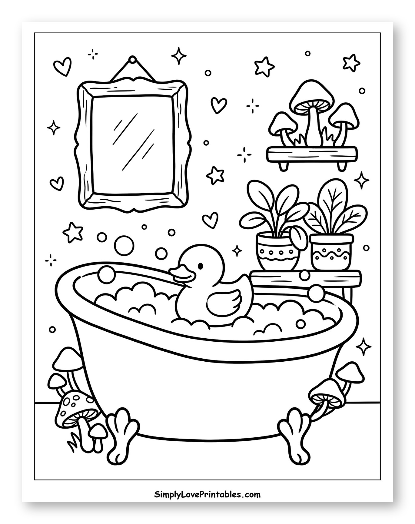 Rubber Duck in a Bubble Bath with Mushrooms Coloring Page for Adults