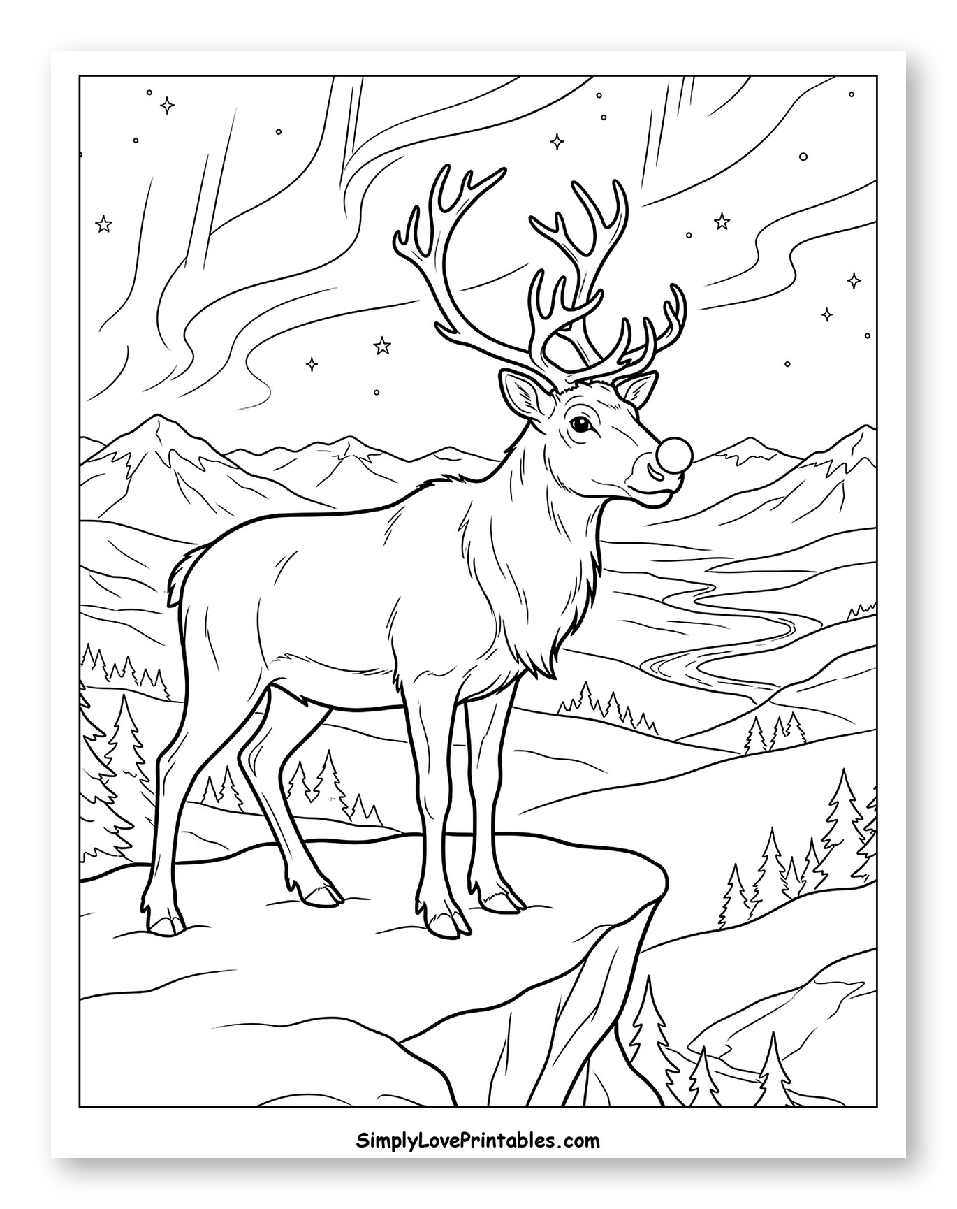 Rudolph Overlooking a Snowy Mountain Valley Coloring Sheet