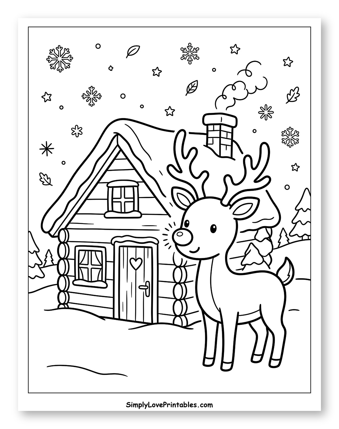 Rudolph Standing Near a Snow-Covered Log Cabin