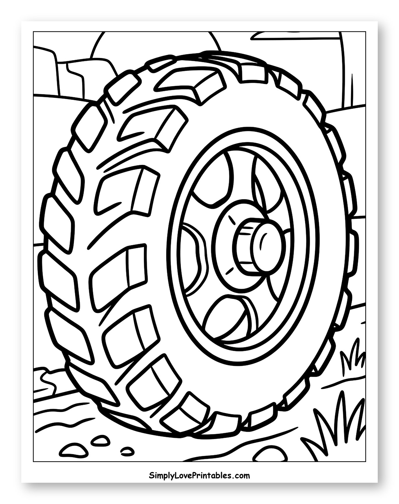 Rugged Off-Road Tire on Rocky Ground Coloring Page for Toddlers
