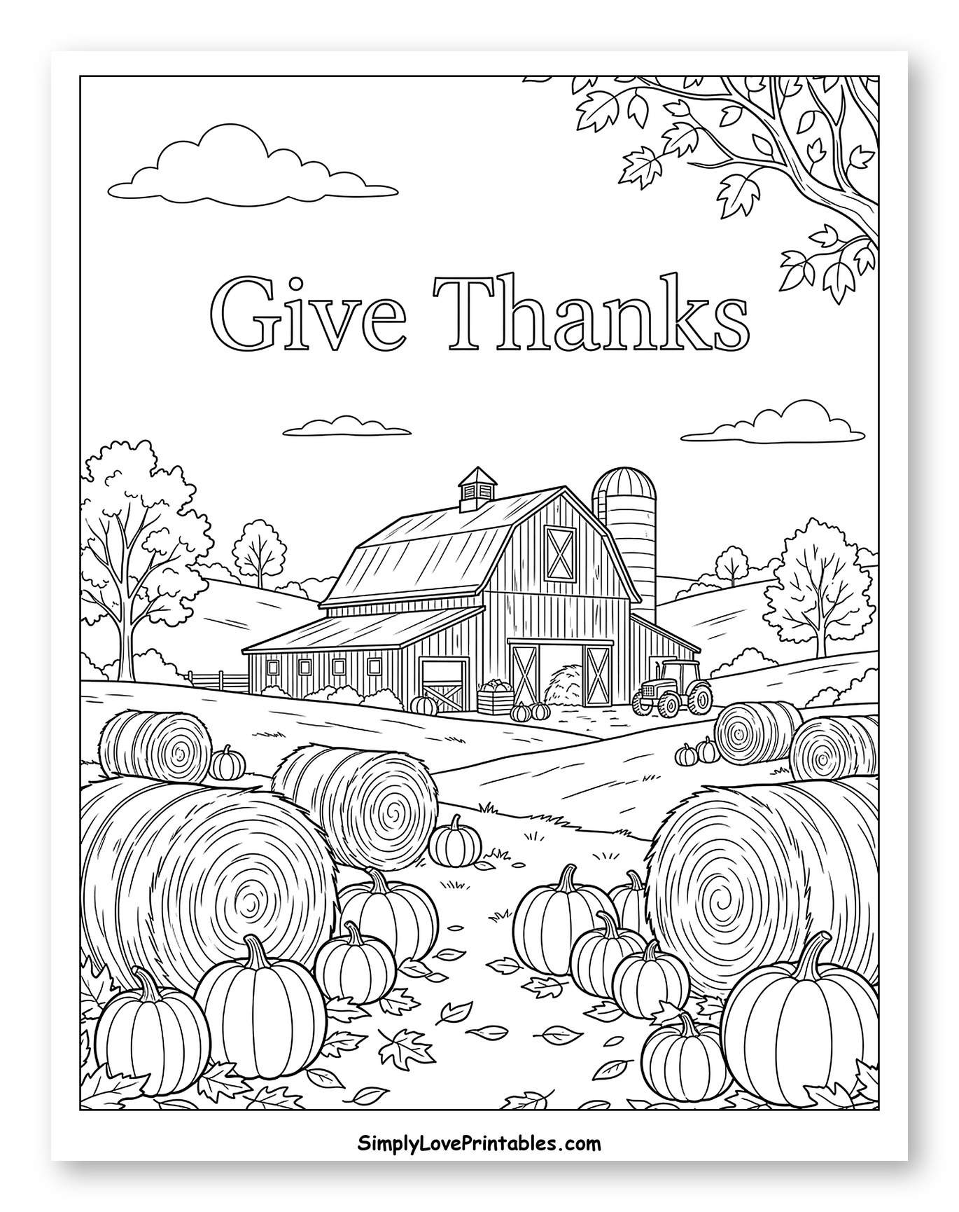 Rustic Barn and Pumpkin Harvest Scene Coloring Page
