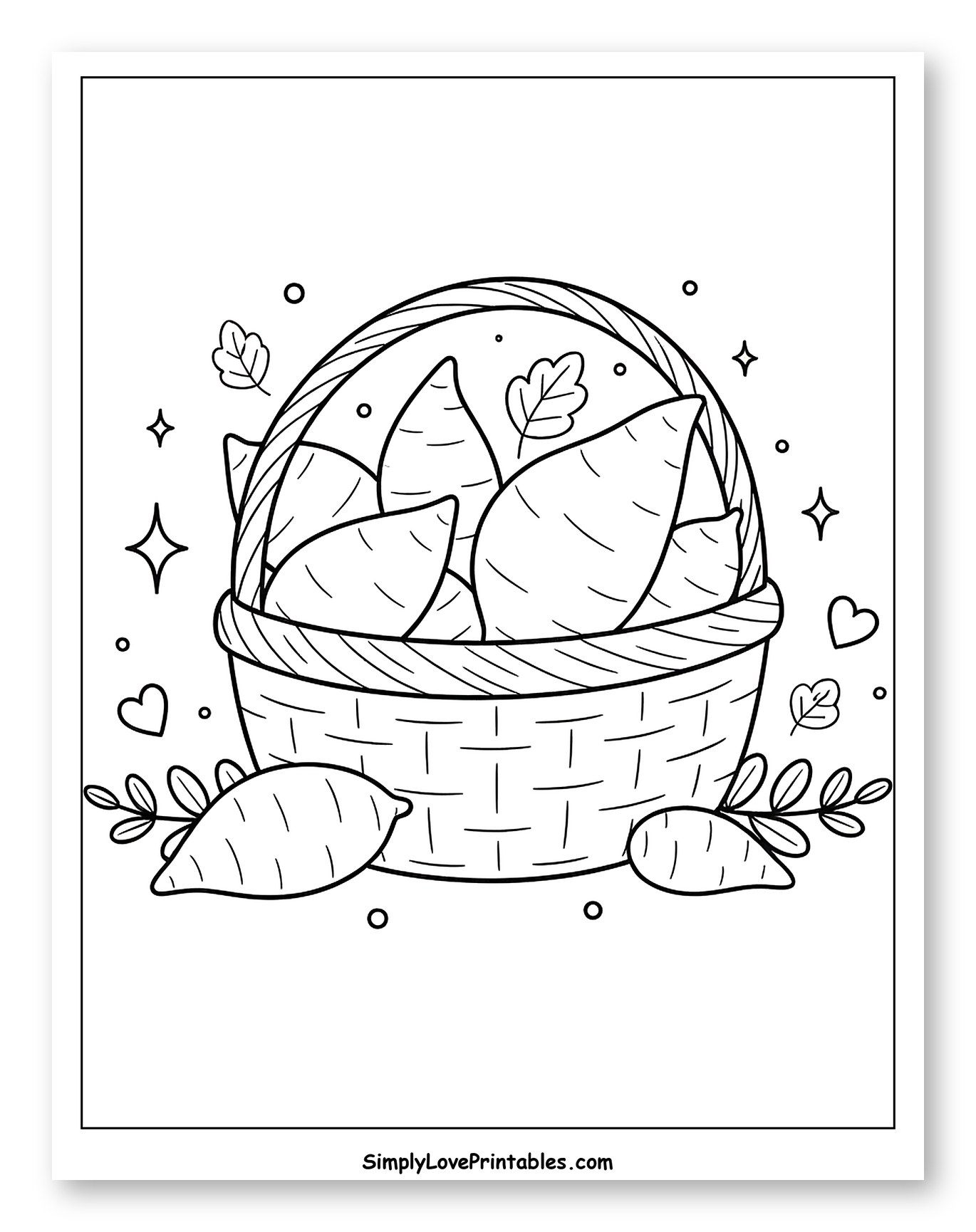 Rustic Basket Full of Sweet Potatoes and Leaves Coloring Sheet for Adults