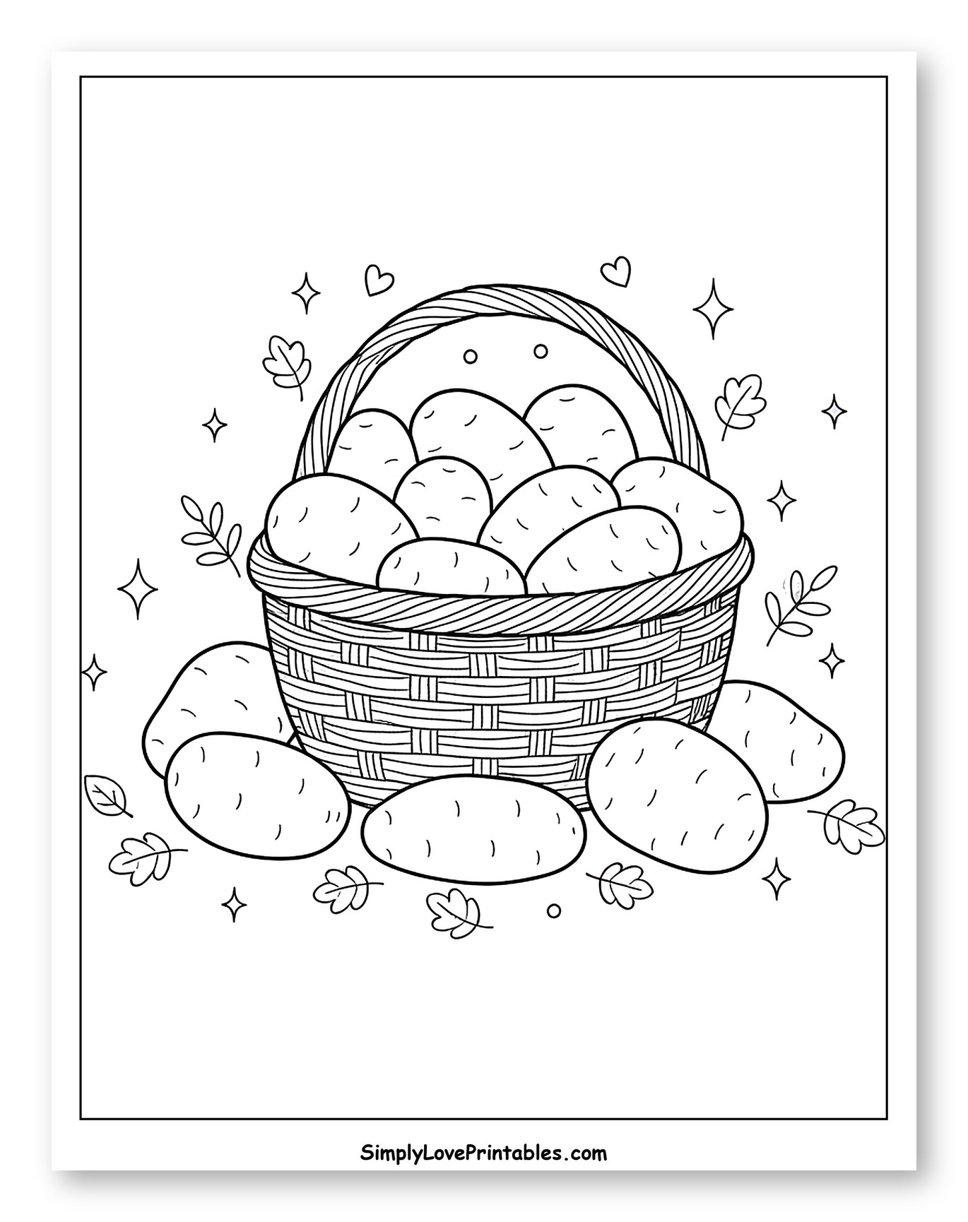Rustic Basket Overflowing with Fresh Potatoes Coloring Sheet for Adults