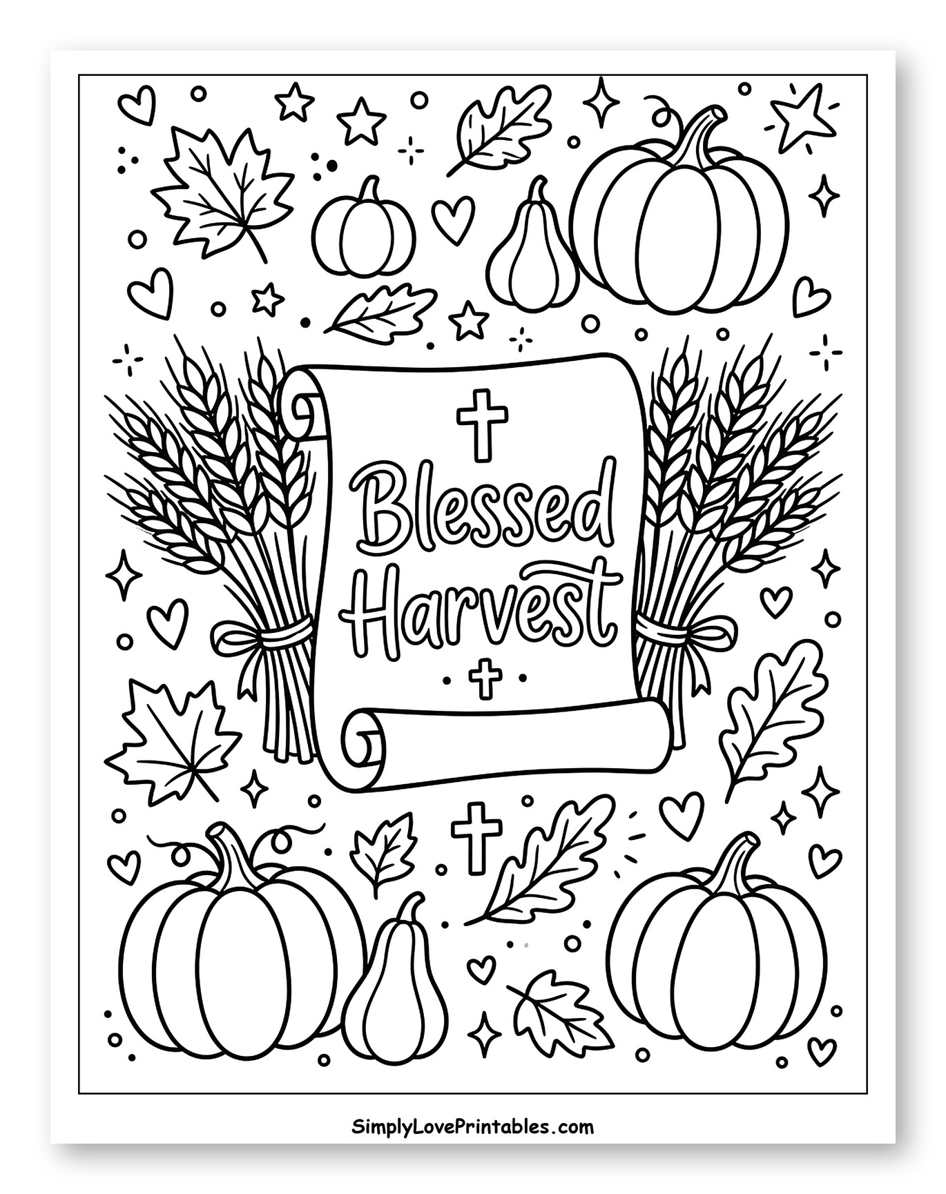 Rustic Blessed Harvest with Pumpkins and Wheat to Color for Adults