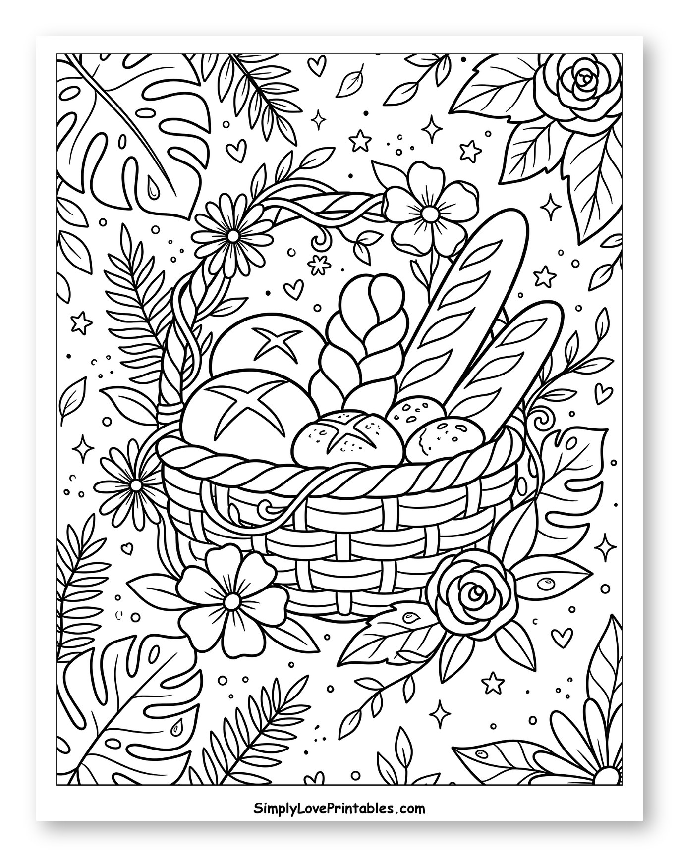 Rustic Bread Basket with Garden Foliage and Flowers