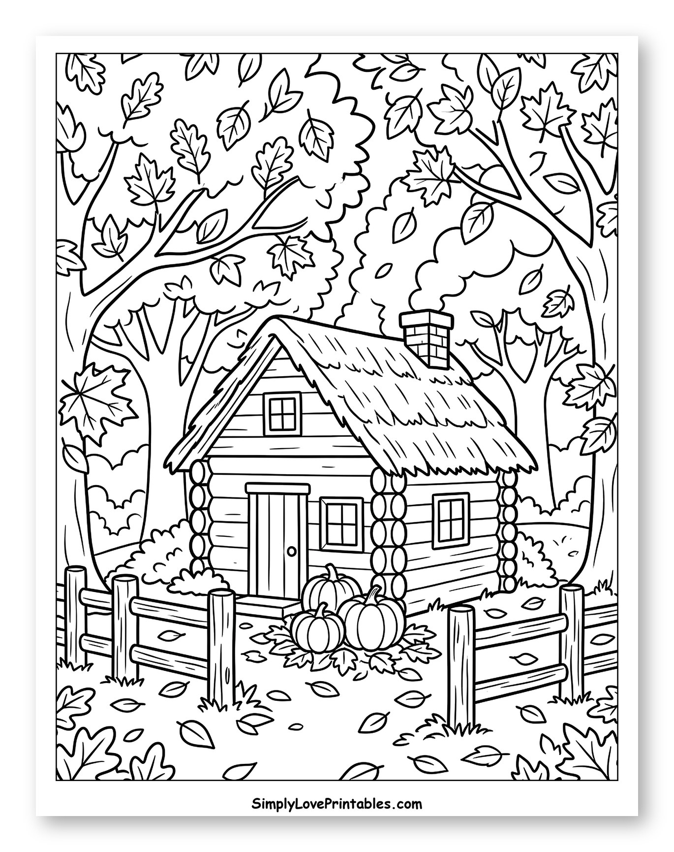 Rustic Cabin Amidst Falling Autumn Leaves to Color for Kids