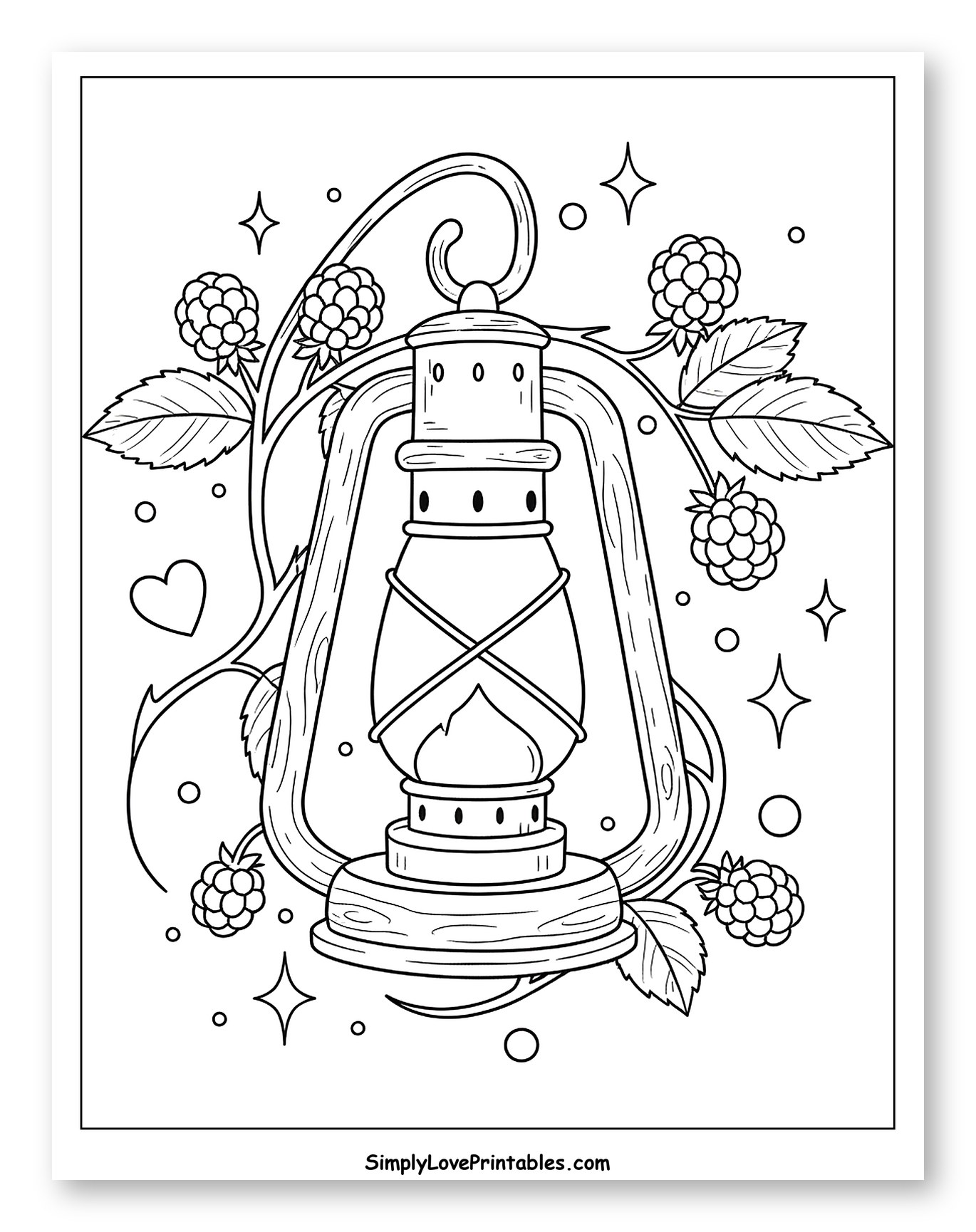 Rustic Lantern Surrounded by Raspberries Coloring Page for Adults
