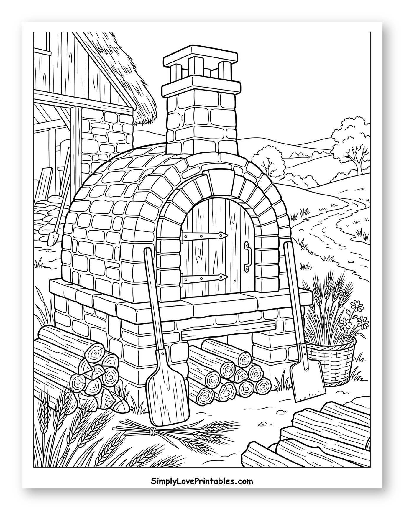 Rustic Outdoor Brick Oven with Wheat and Logs Coloring Page