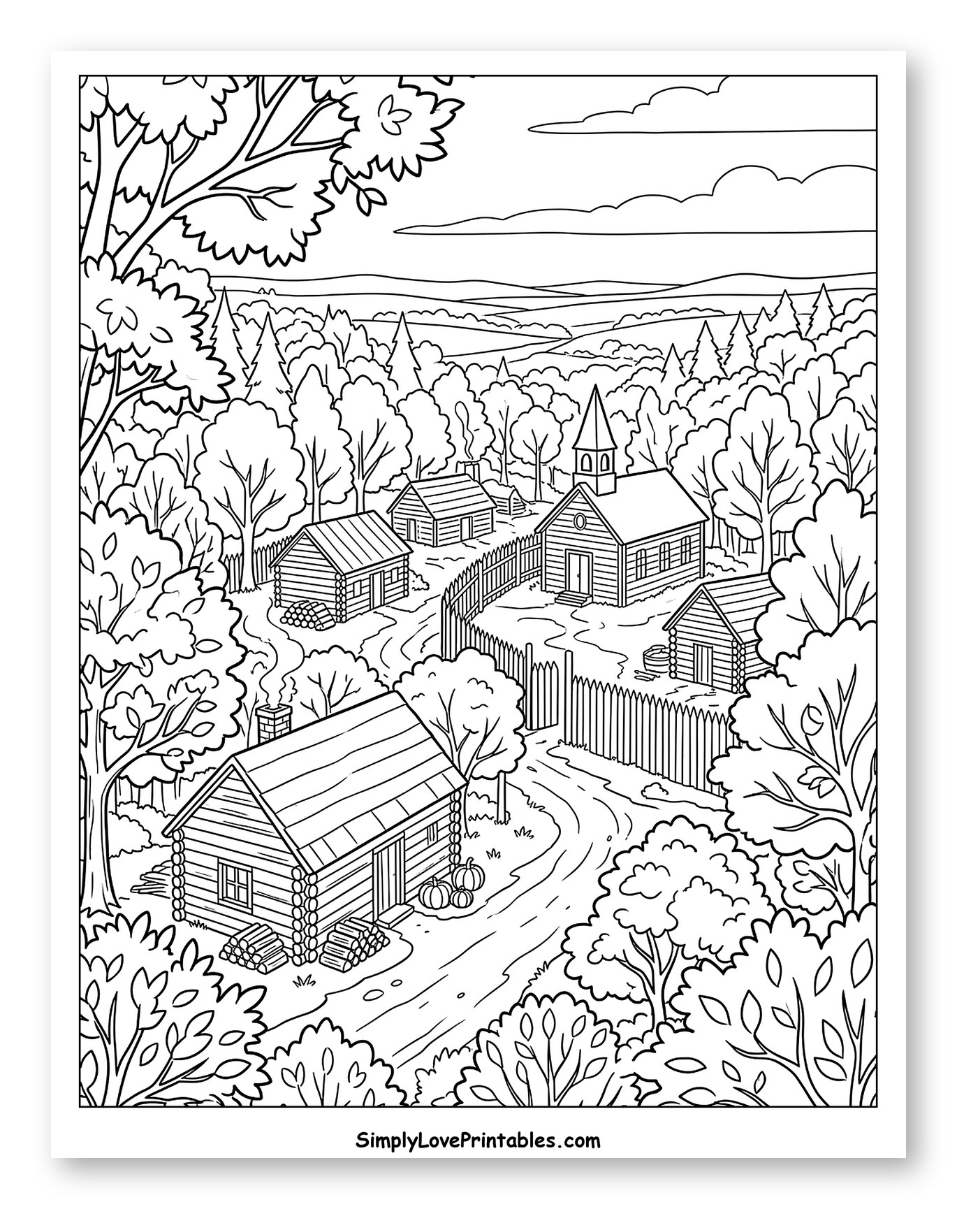 Rustic Village with Church Nestled in Forest Coloring Sheet