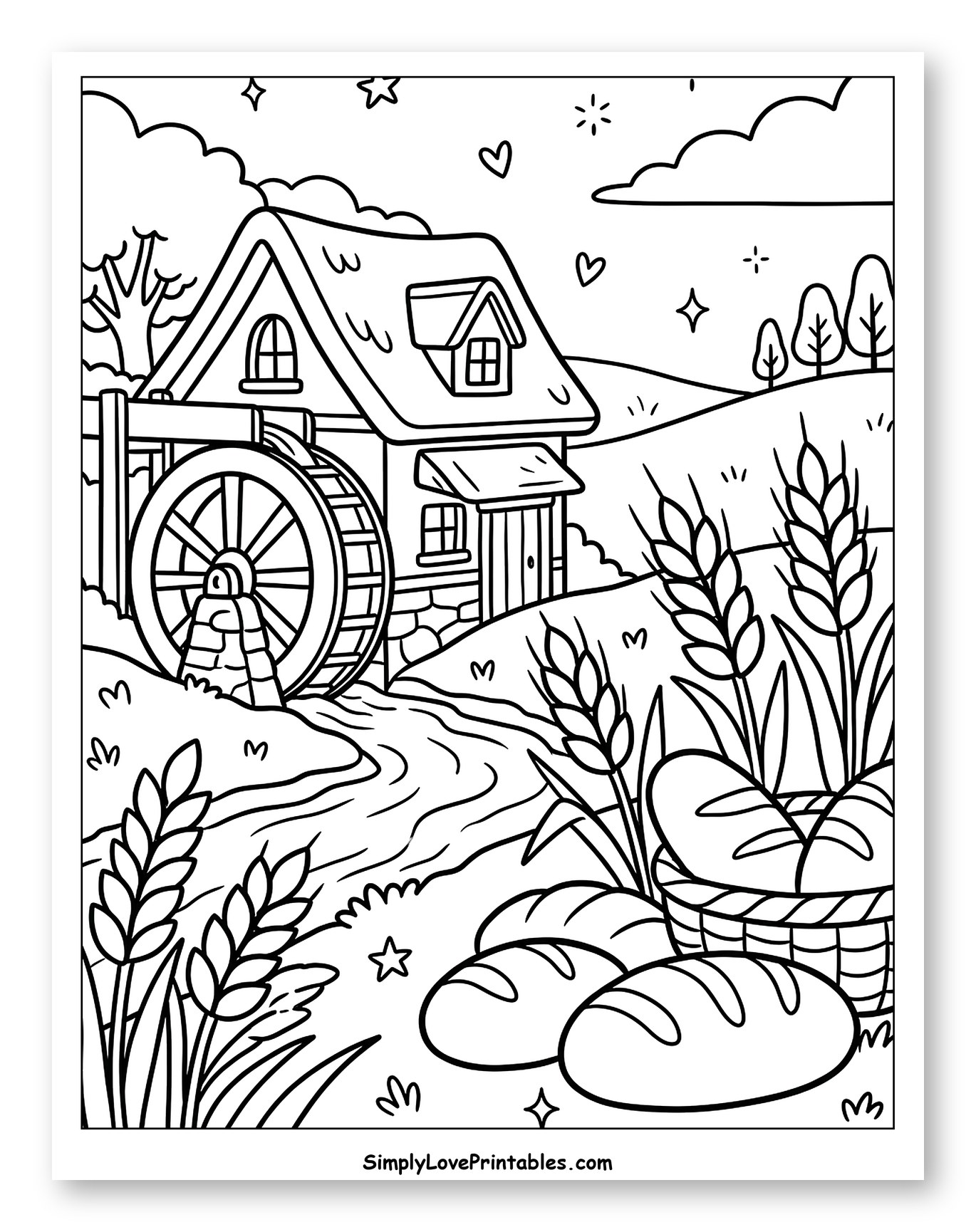 Rustic Water Mill with Wheat and Bread Coloring Sheet for Adults