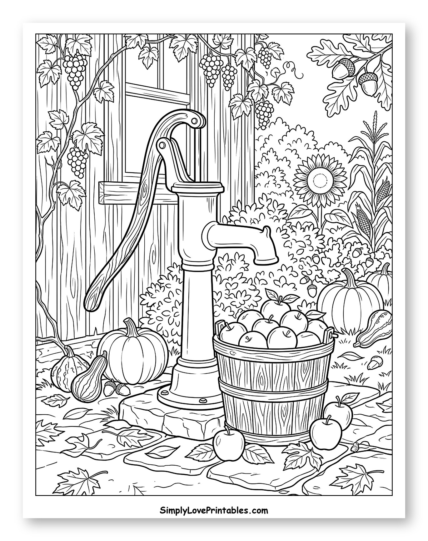 Rustic Water Pump with Apple Bucket and Pumpkins