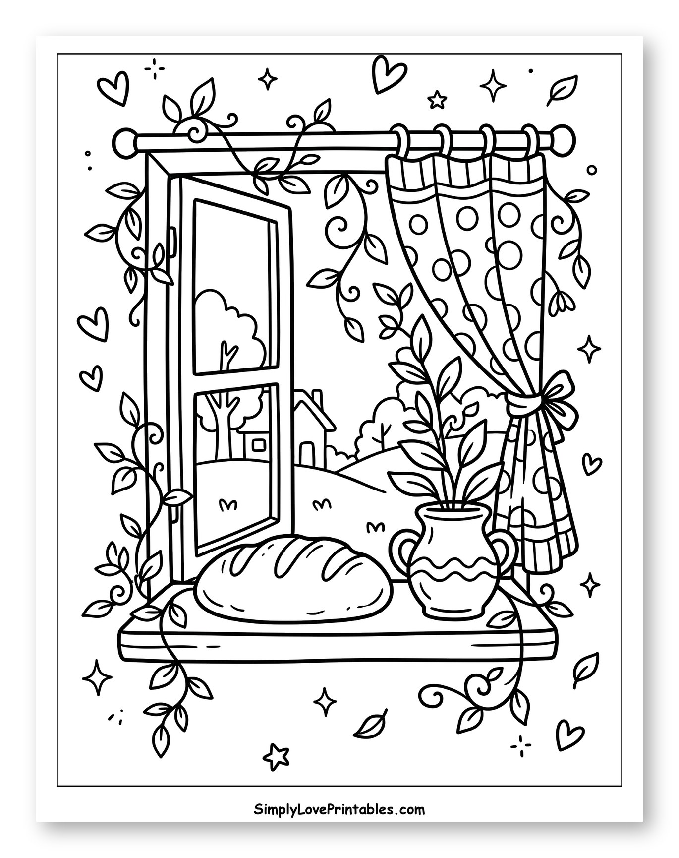 Rustic Window View with Bread and Vines Coloring Sheet for Adults