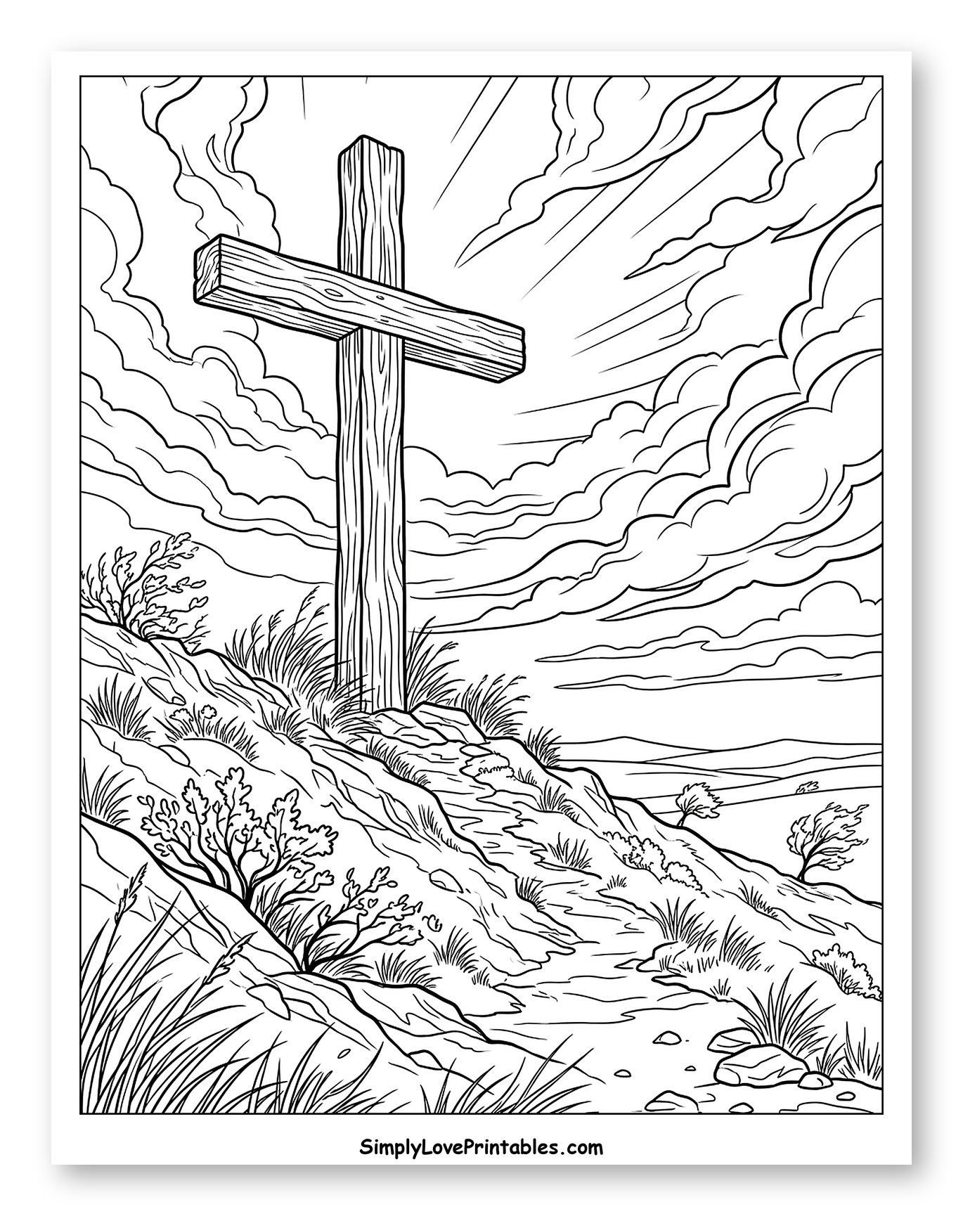 Rustic Wooden Cross on a Cloudy Hill