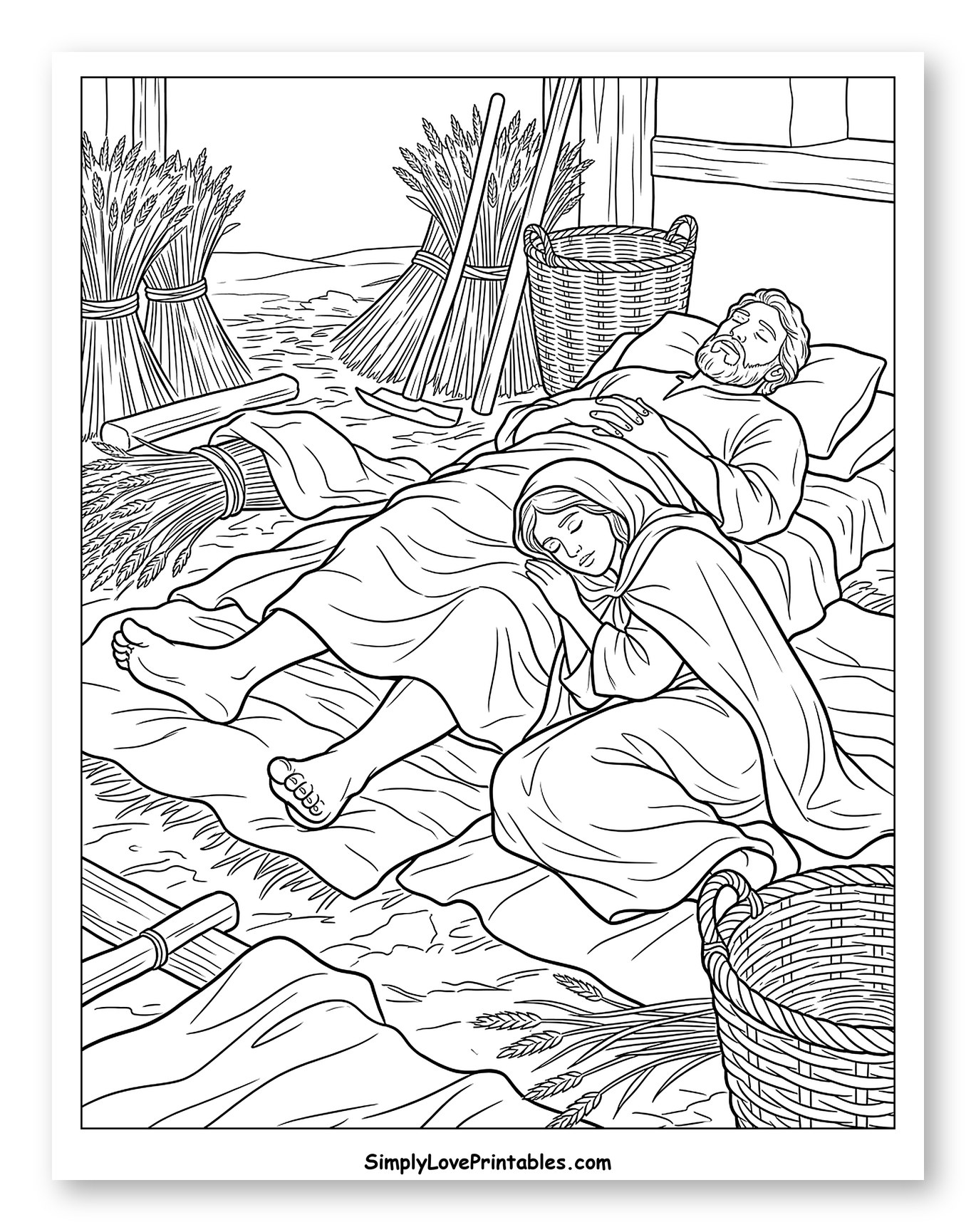 Ruth and Boaz Sleeping on Threshing Floor Coloring Page
