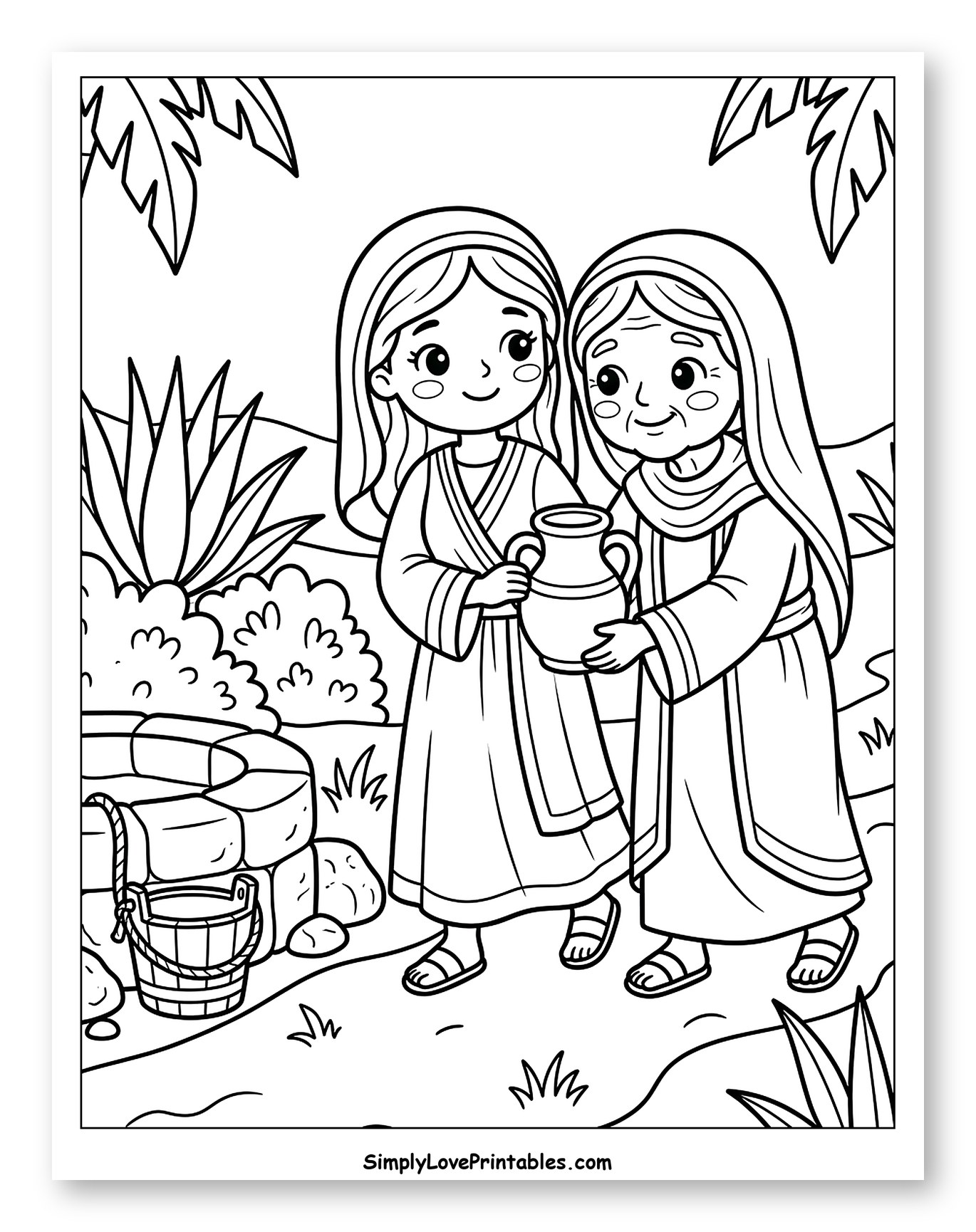 Ruth and Naomi Carrying Water by Well to Color for Kids