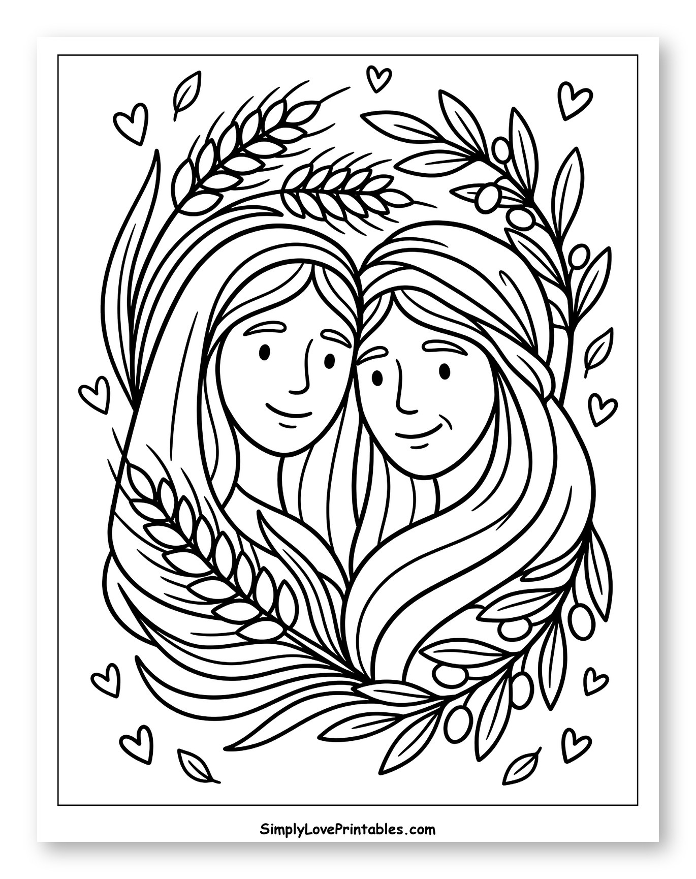Ruth and Naomi Embrace with Wheat and Olives Coloring Sheet for Adults