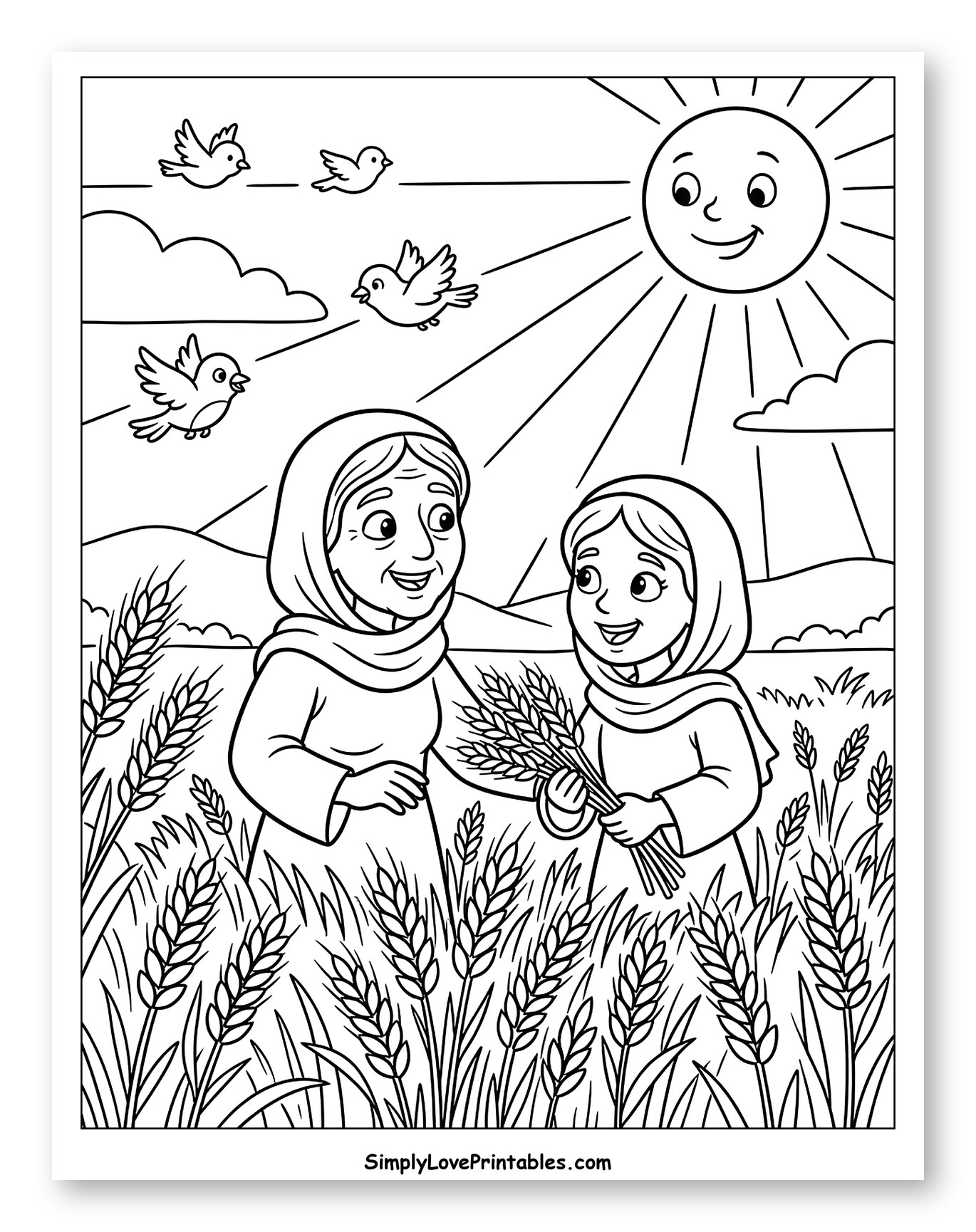 Ruth and Naomi Gleaning Wheat in Field to Color for Kids