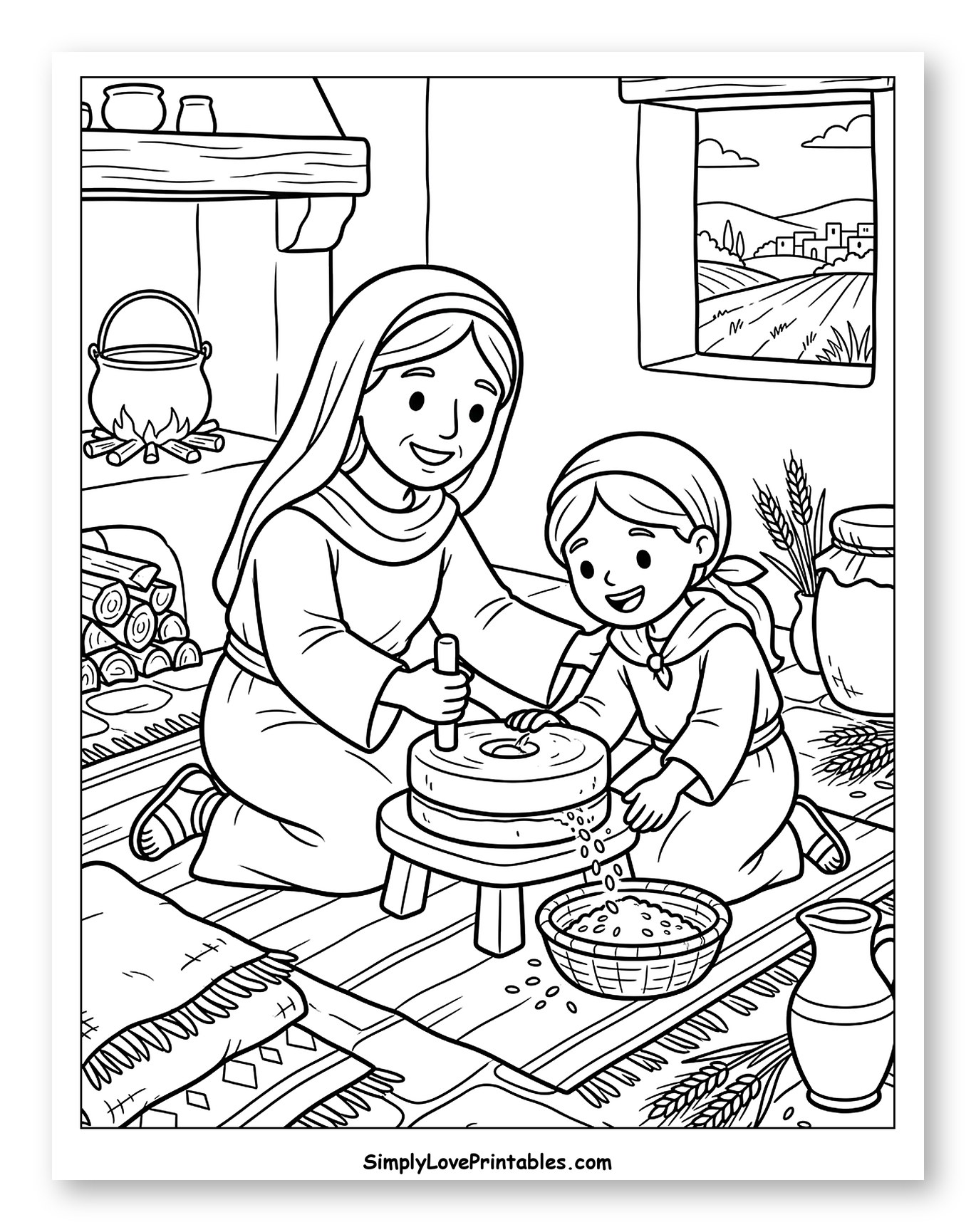Ruth and Naomi Grinding Grain in Kitchen