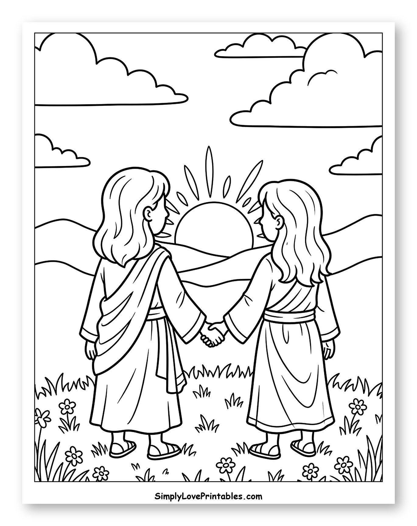 Ruth and Naomi Holding Hands at Sunrise to Color for Kids