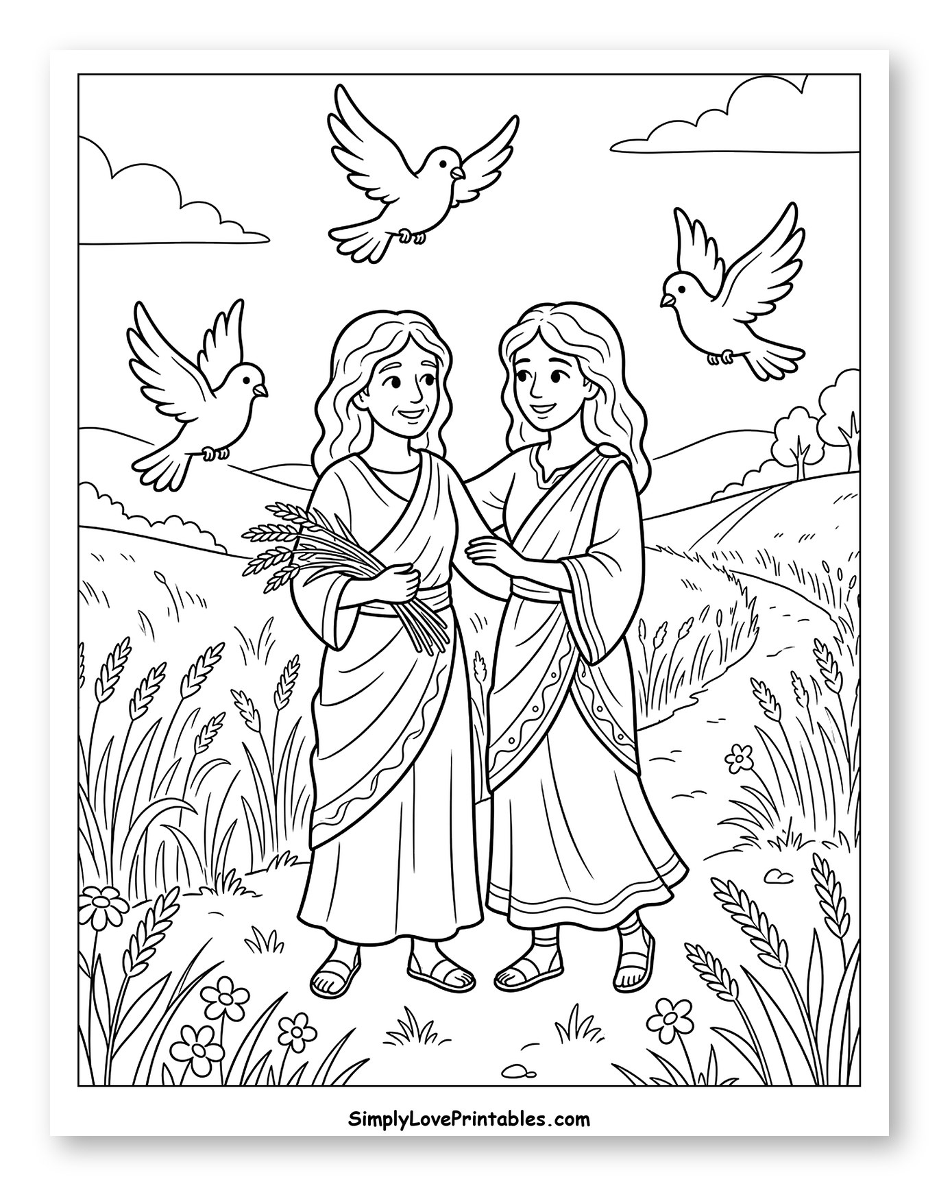 Ruth and Naomi in a Wheat Field Coloring Page for Kids