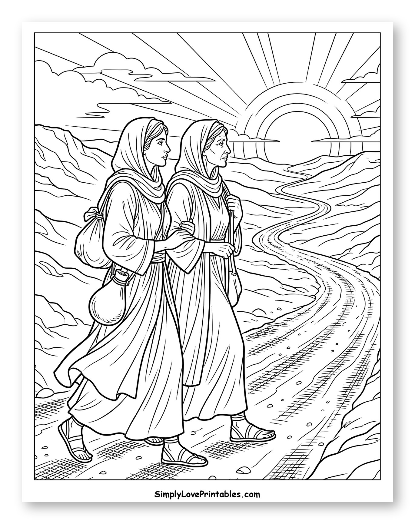 Ruth and Naomi Journeying Through Hilly Landscape to Color